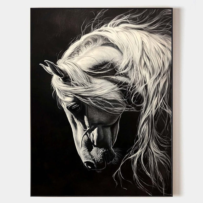 Wall Art Black White Horse Portrait Contemporary Textured Canvas Home Office | Neutralighting