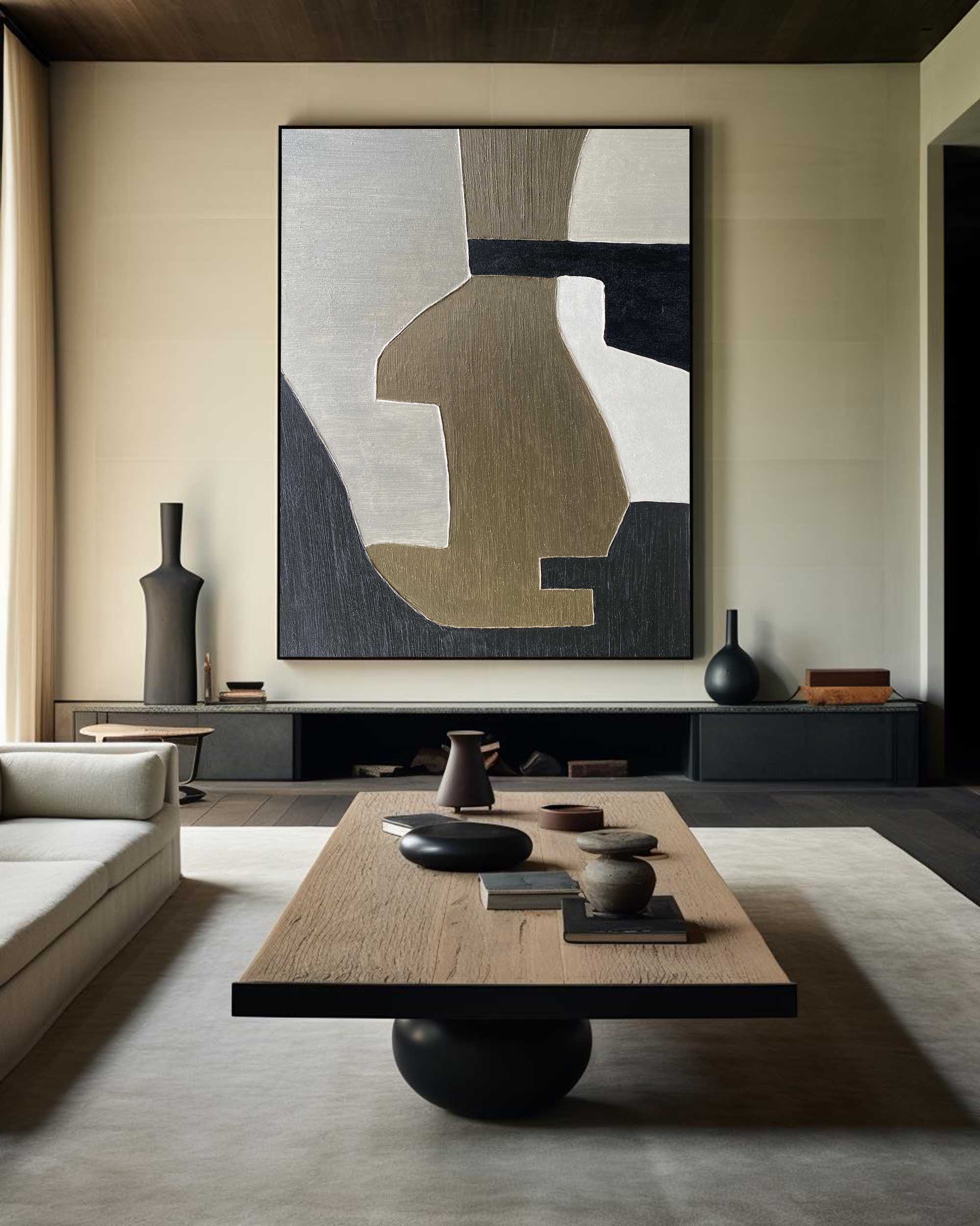 Abstract Black Beige White Geometric Minimalist Painting