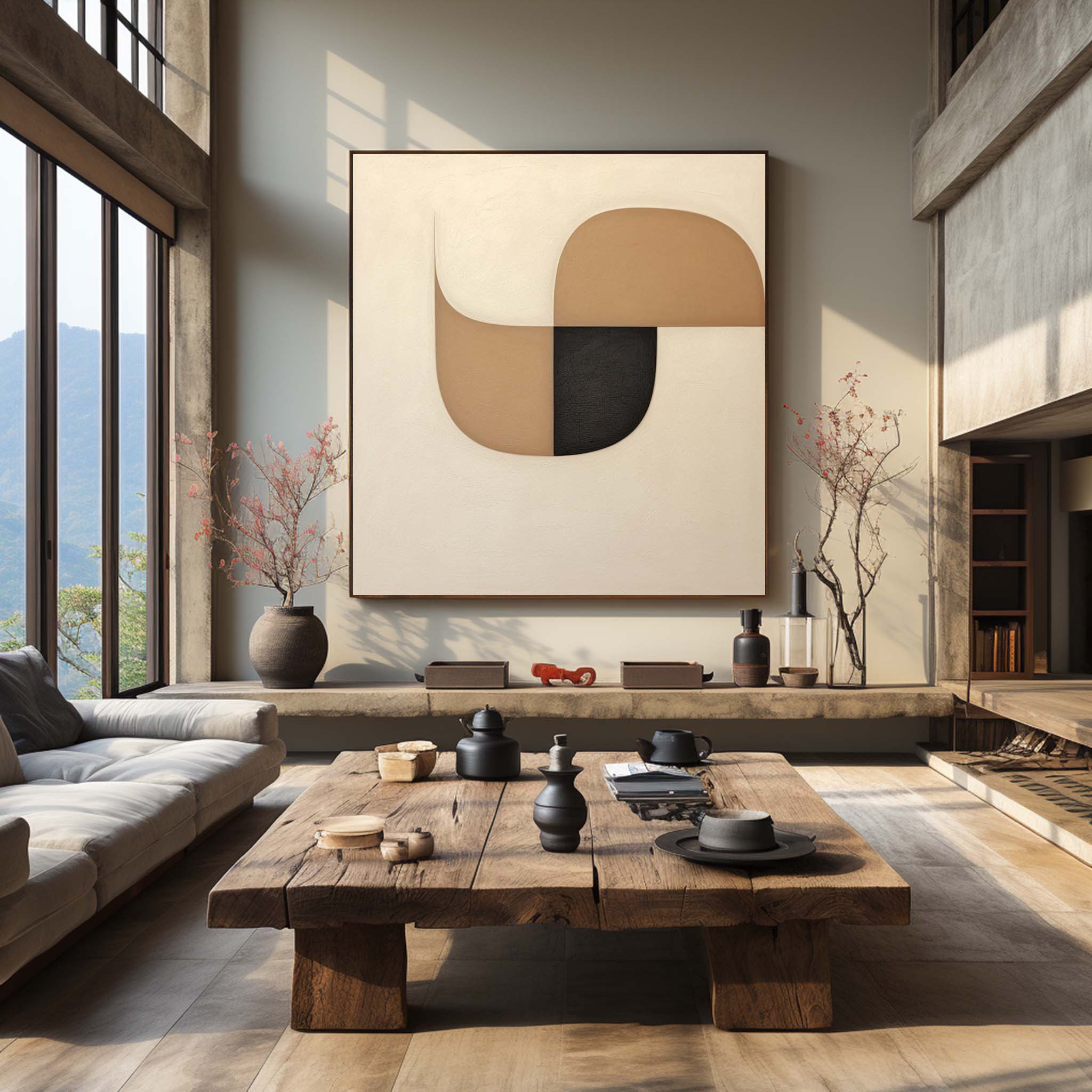 Wall Art Beige Black Abstract Shape Plaster