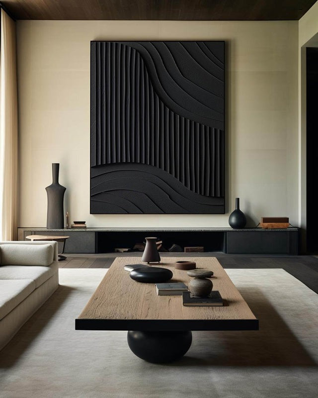 Black Textured Wave Minimalist Painting
