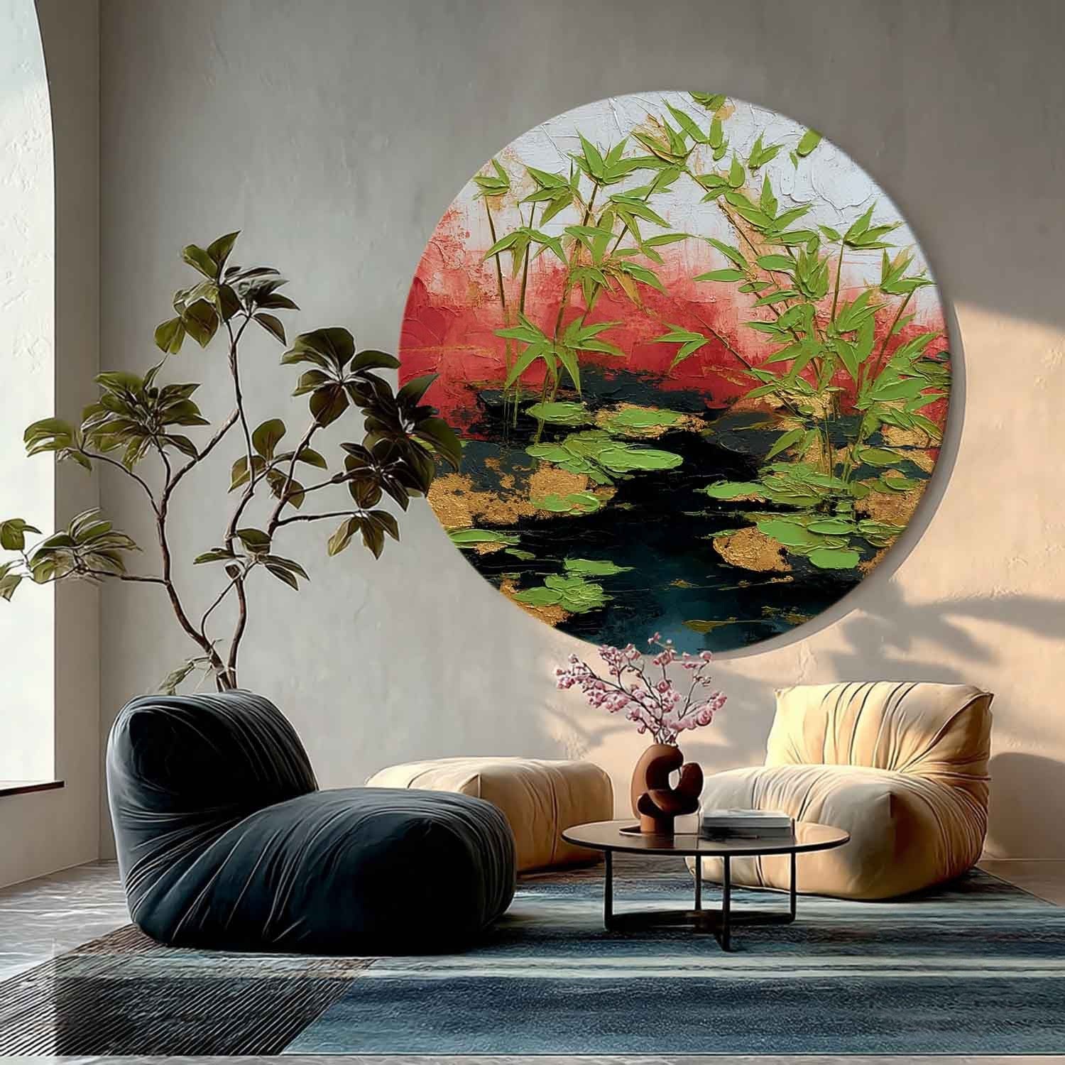 Wall Art Round Bamboo Lotus Leaf Red