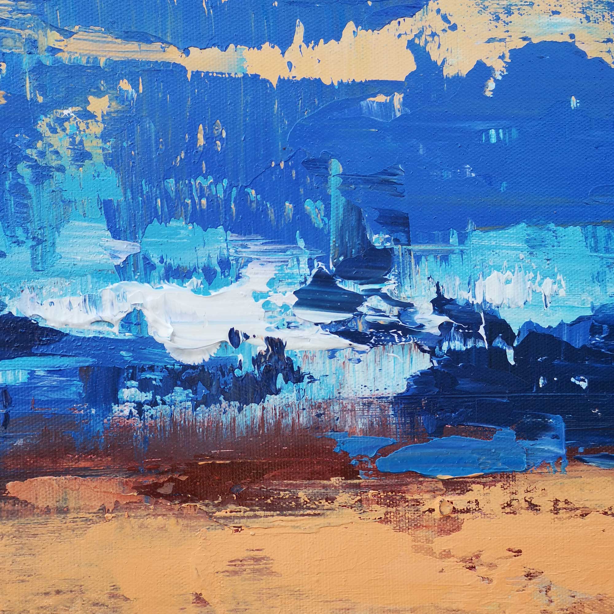 Blue‑Orange‑Gold Vertical Abstract Horizon Impasto‑Textured Artwork