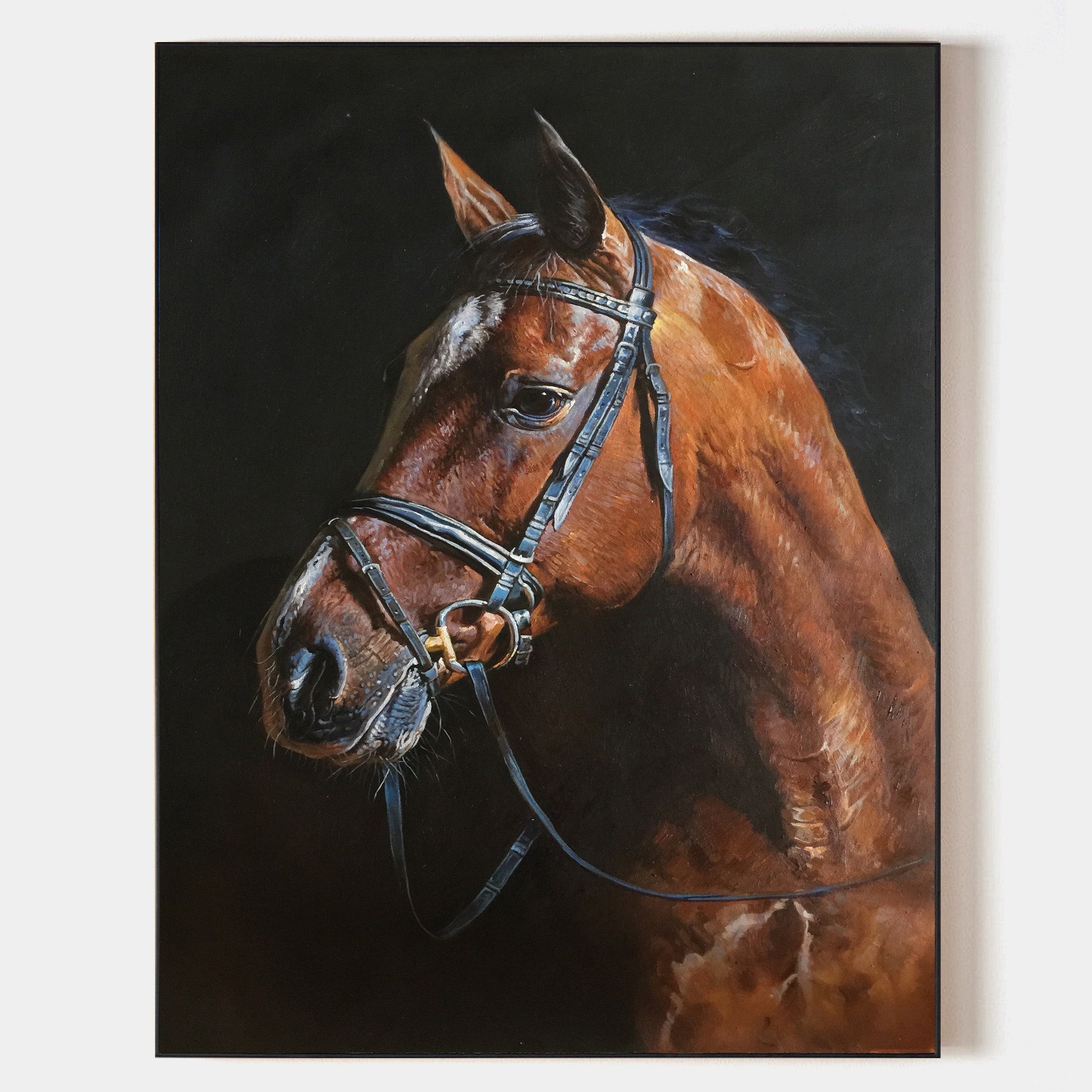 Chestnut‑Horse Vertical Dark‑Backdrop Realistic Equestrian Artwork