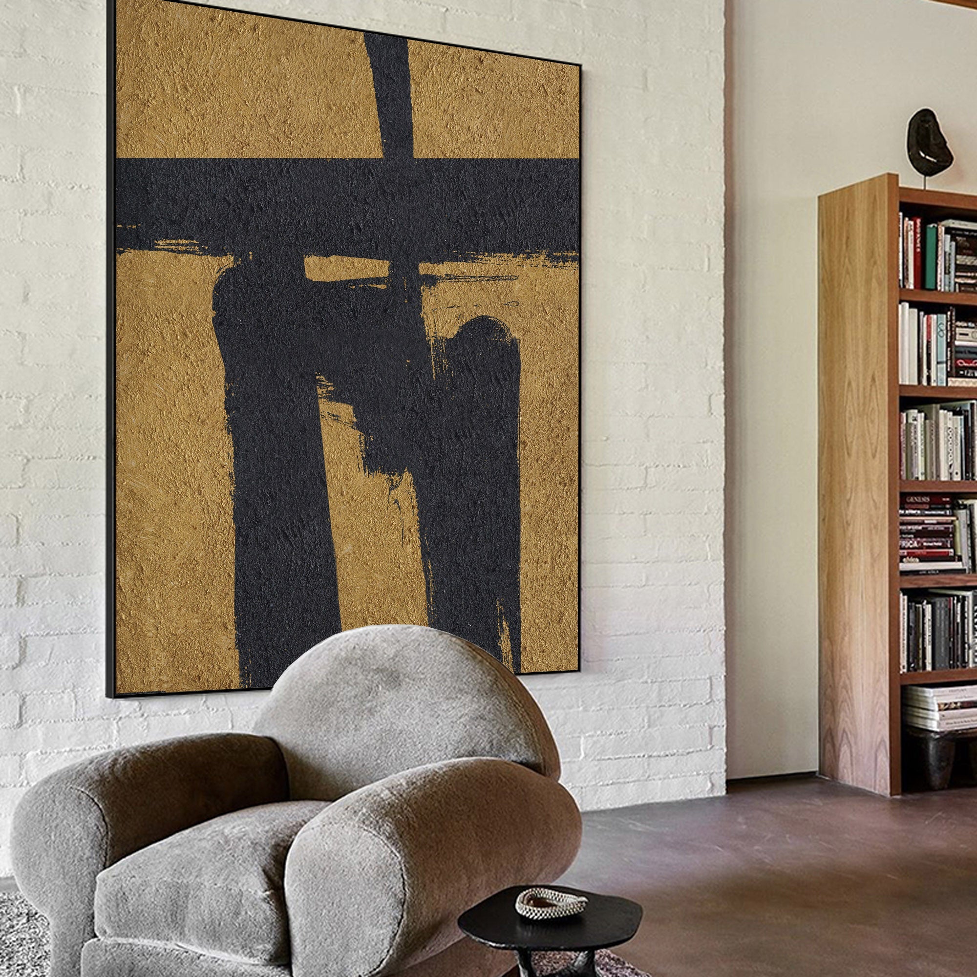 Gold‑Black Vertical Abstract Bold‑Brush‑Shape Rugged‑Tactile‑Textured Artwork