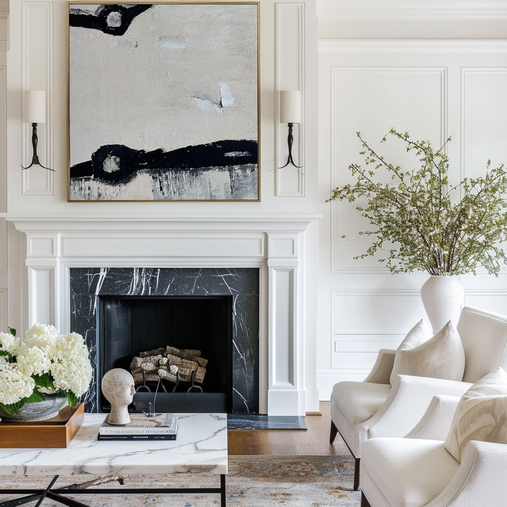 Beige‑Black Square Minimal‑Mark Impasto‑Textured Artwork