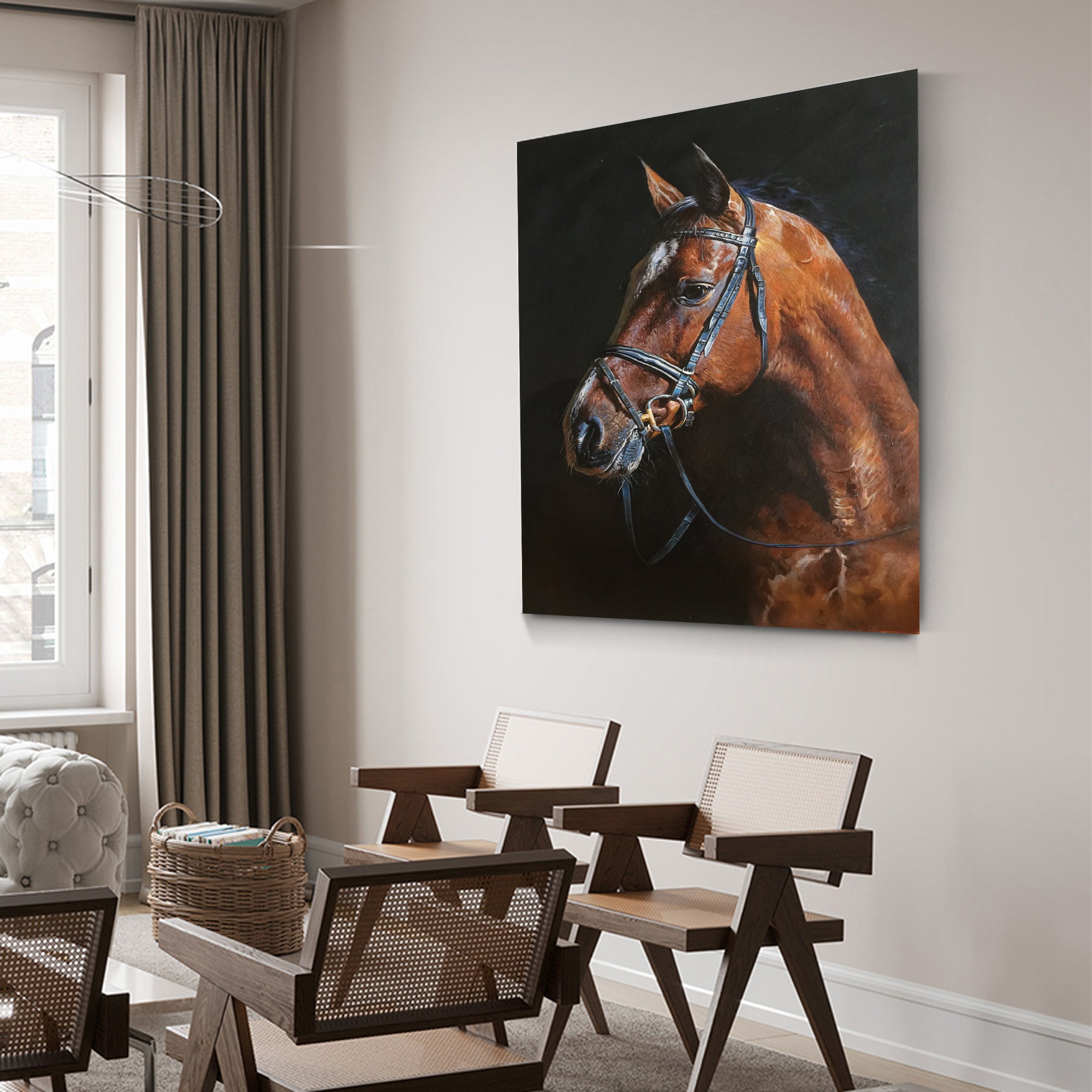 Chestnut‑Horse Vertical Dark‑Backdrop Realistic Equestrian Artwork