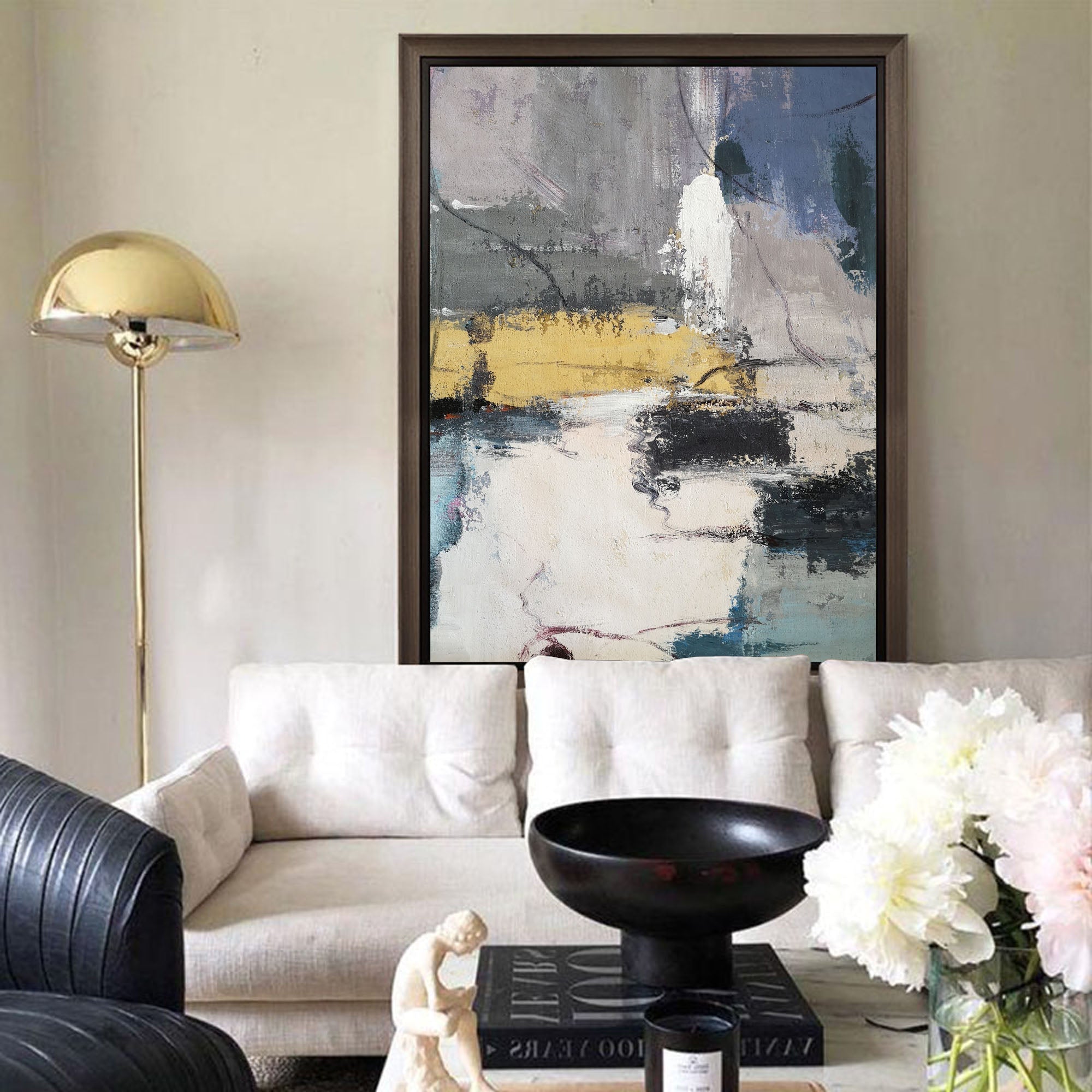 Grey‑Gold Cream‑Tone Vertical Block‑Layer Impasto Textured Artwork
