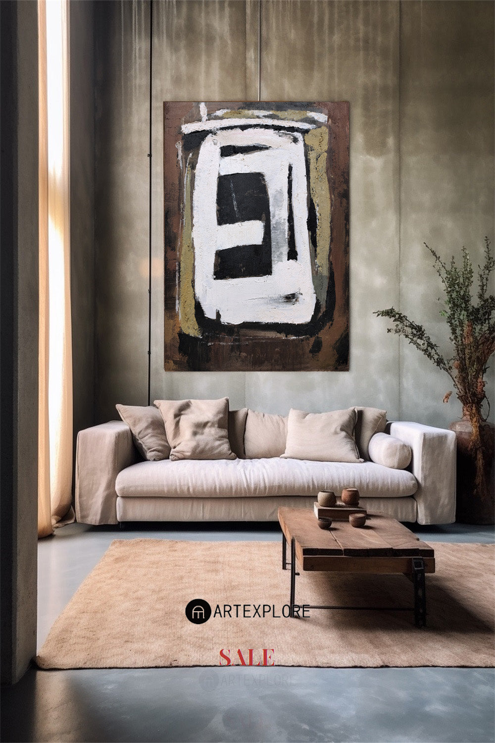 Abstract Black White Beige Geometric Oil Painting