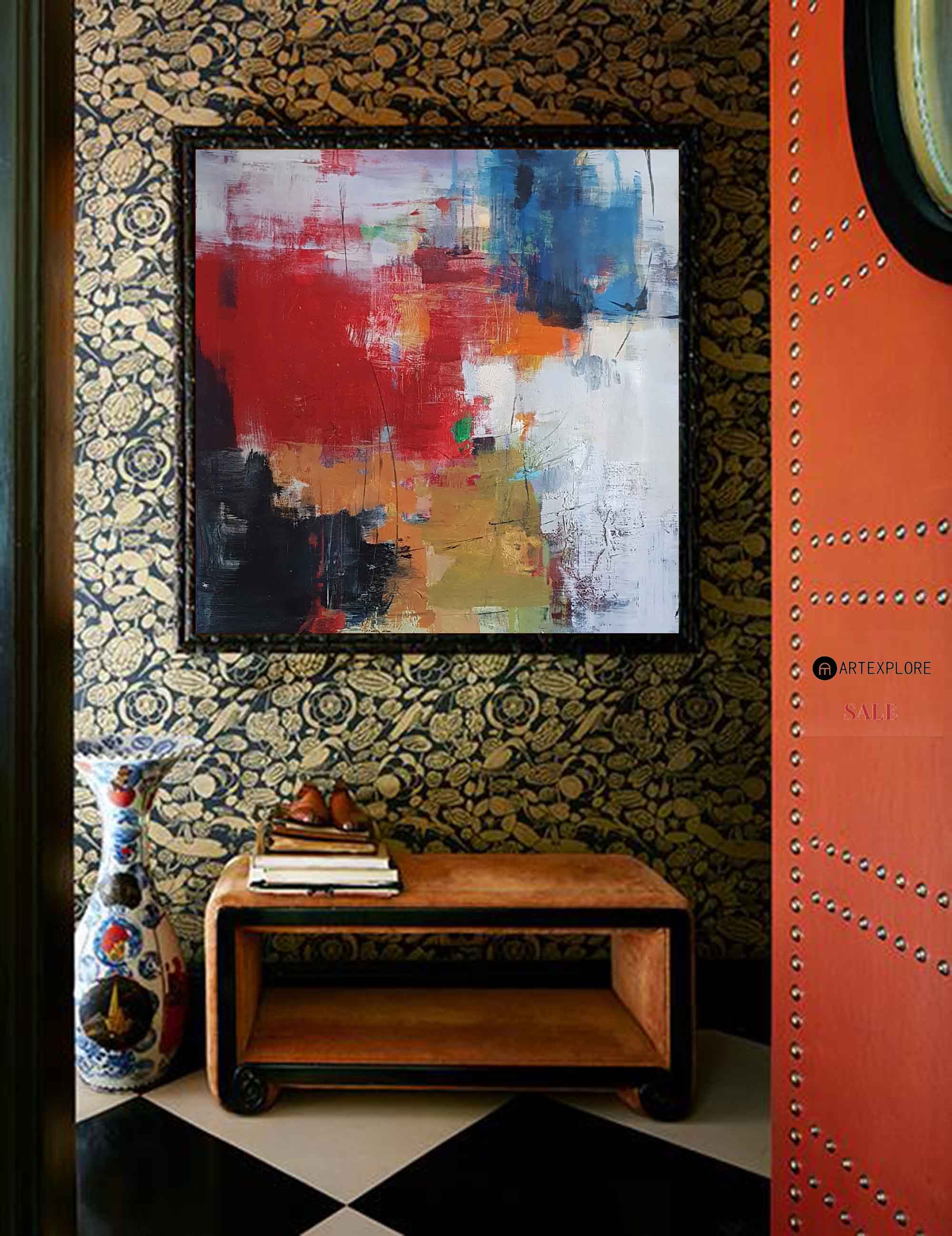 Red Blue Abstract Square Canvas Wall Art