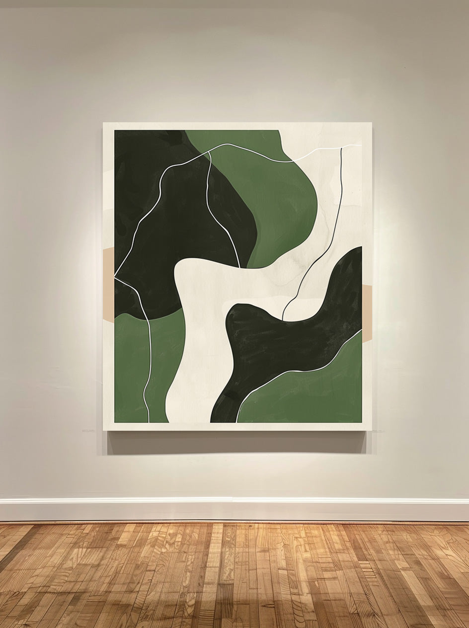 Green‑Beige‑Black Curved Contour Abstract Layered Impasto Textured Artwork