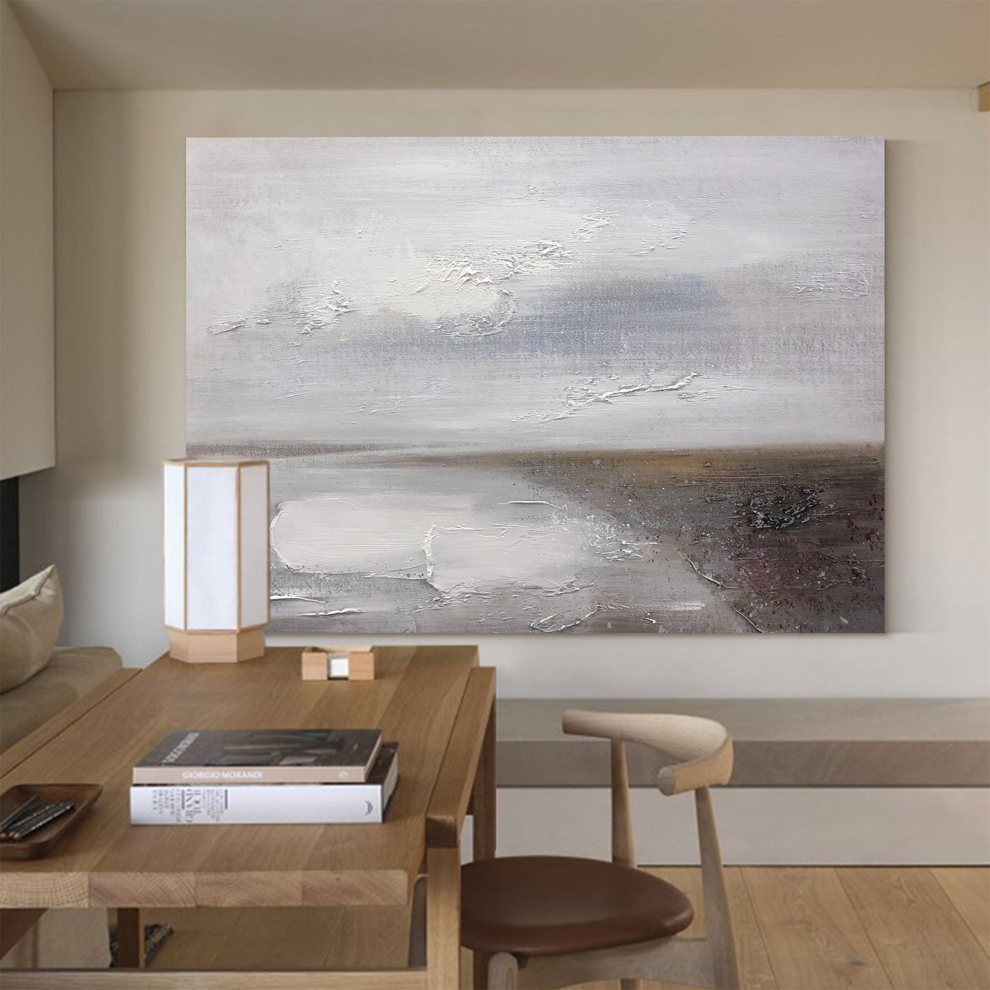 Grey‑Silver Horizontal Muted‑Seascape Impasto‑Textured Artwork