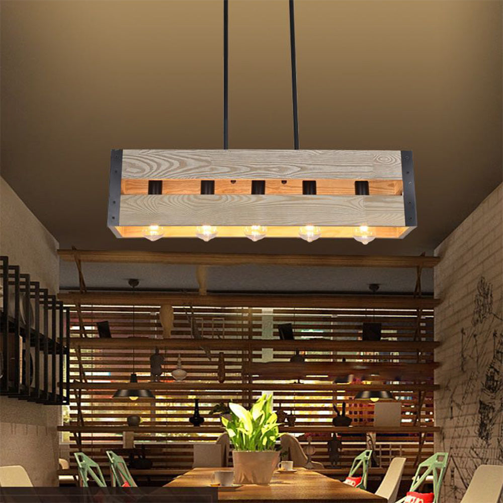 Silva Retro Rectangular Metal & Wood Pendant Light, 5 Heads, 2 Style - Neutralighting