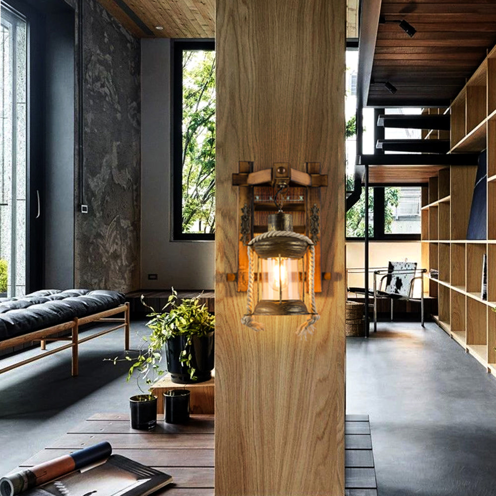 Epoch Vintage Lantern Shape Wood Metal Wall Lamp - Neutralighting