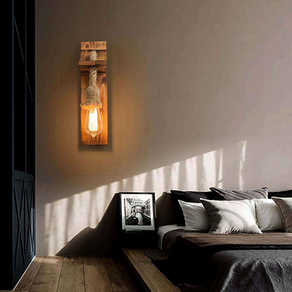 Epoch Vintage Rectangular LED Wall Light, Wood/Hemp Rope, Dining Room - Neutralighting