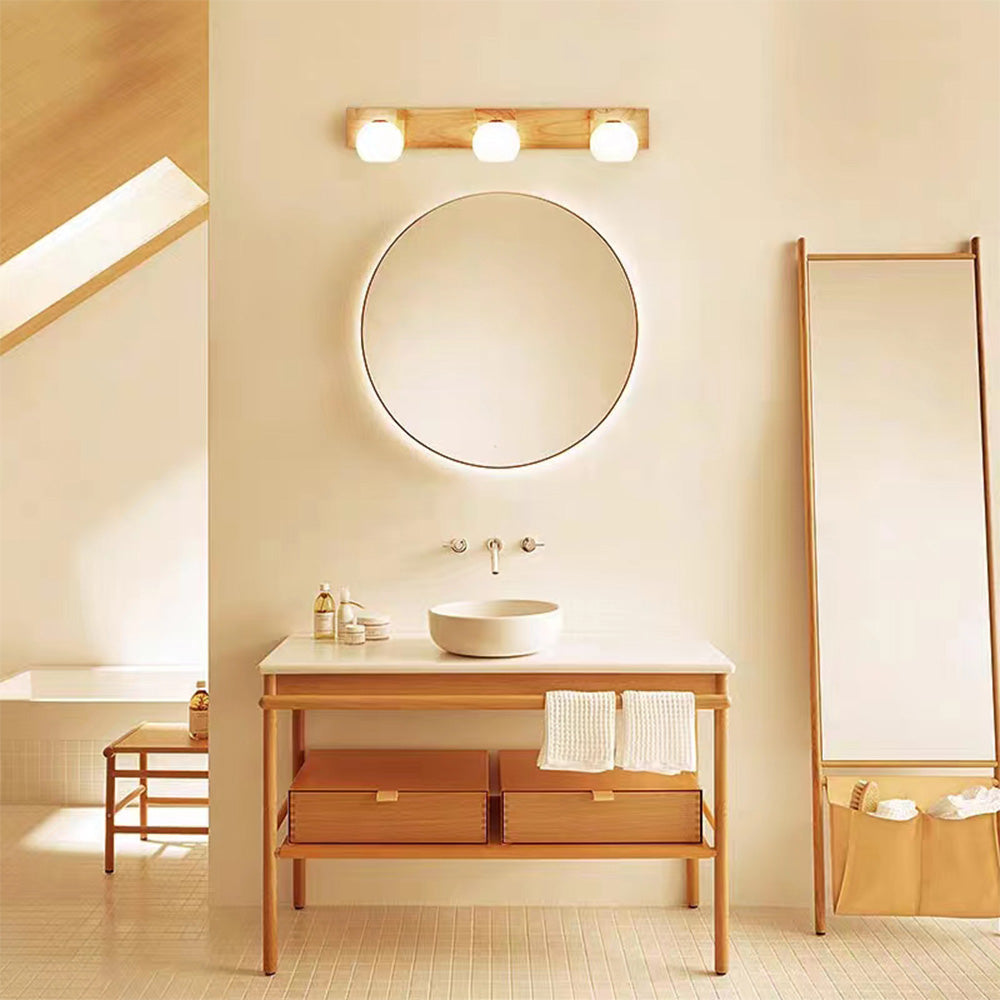 Muto Wooden Ball Mirror Front Vanity Wall Lamp, Log Color - Neutralighting