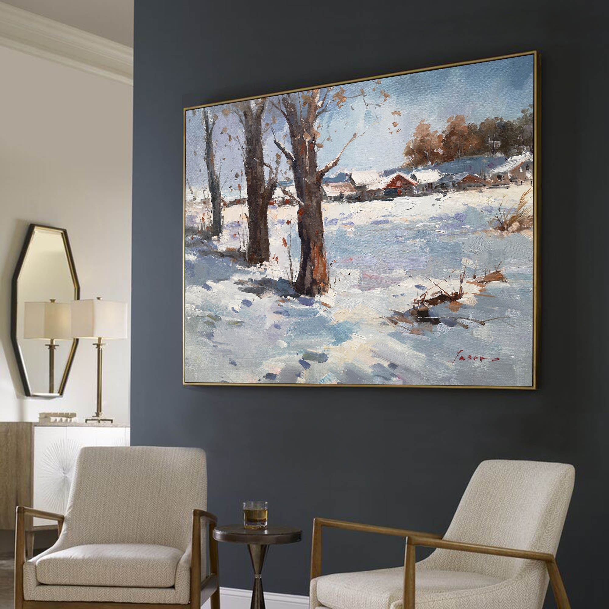 Rustic Snowy Village Winter Landscape Canvas Wall Art