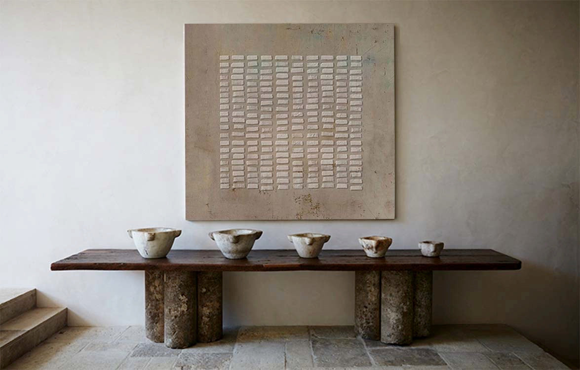 Modern Beige Grid Geometric Abstract Textured Wall Art