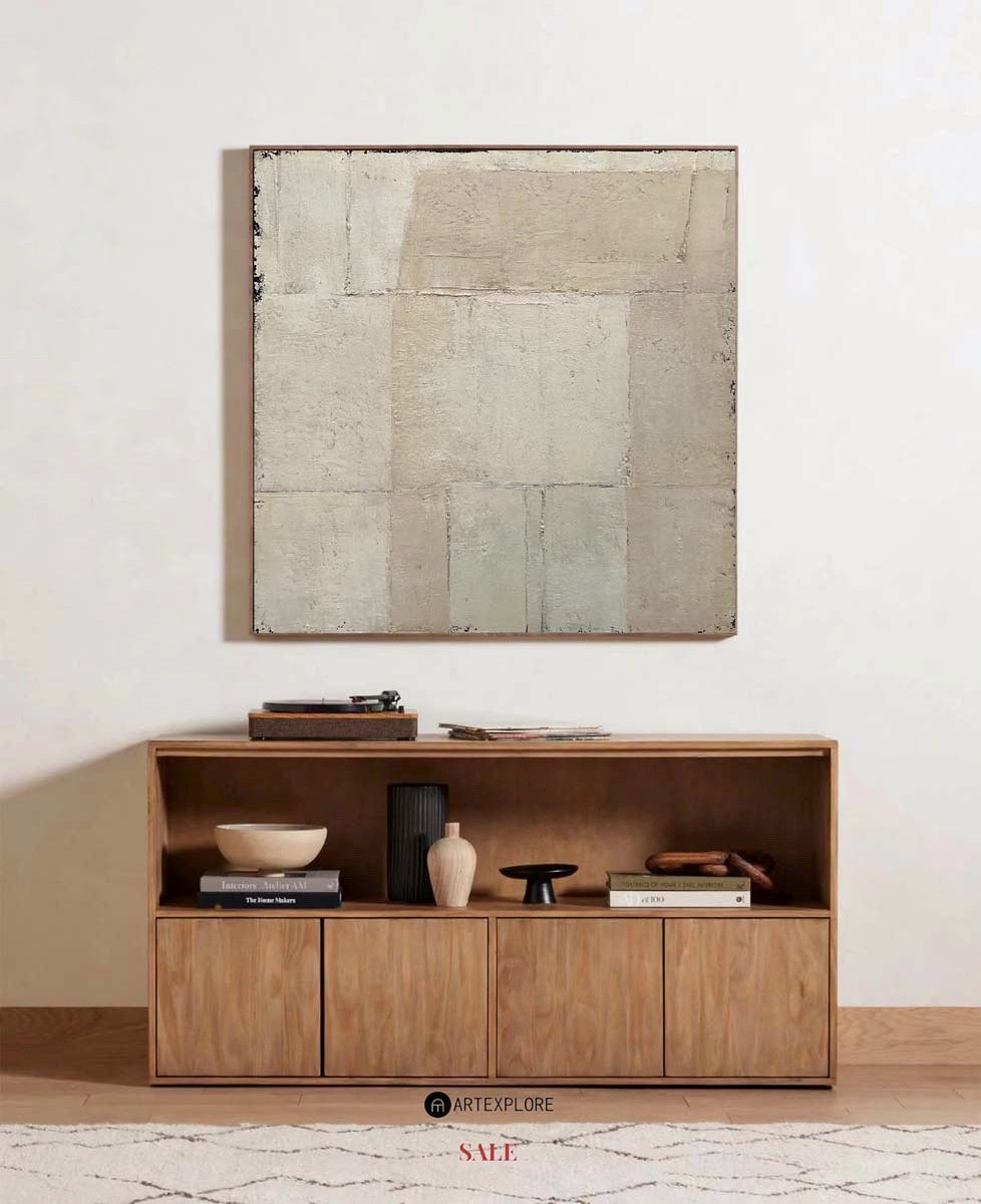 Beige‑Cream Patch‑Block Square Abstract Thick Tactile‑Texture Artwork