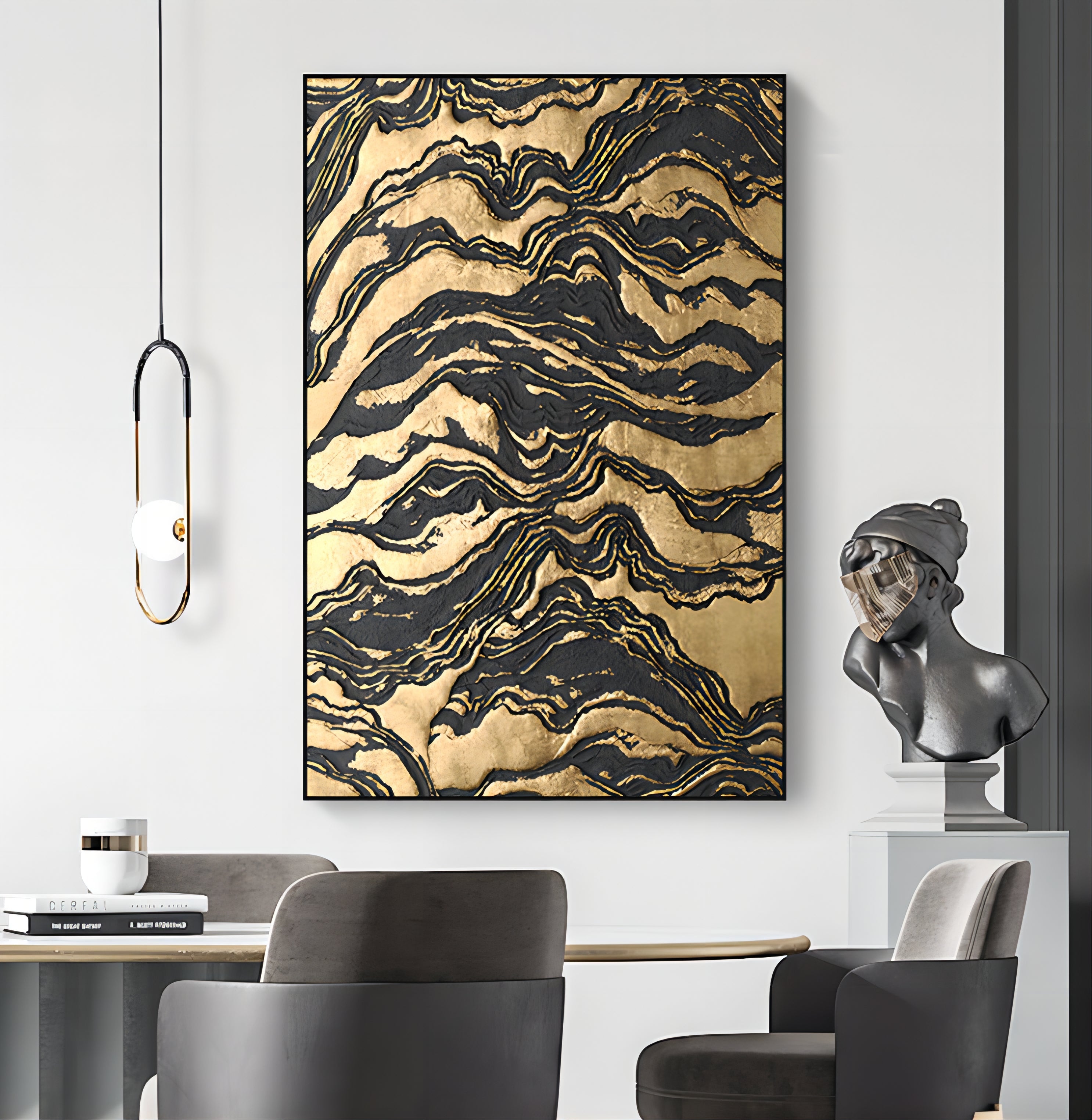 Wall Art Textured Gold Black Abstract Wavy