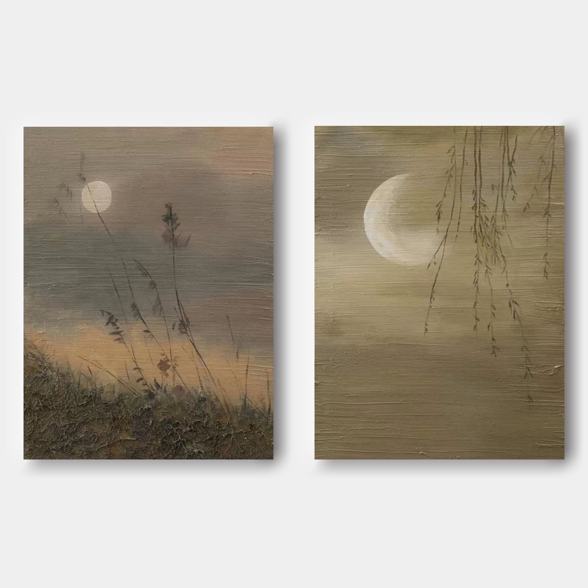 Wall Art Earthy Tone Moon Willow Grass Diptych