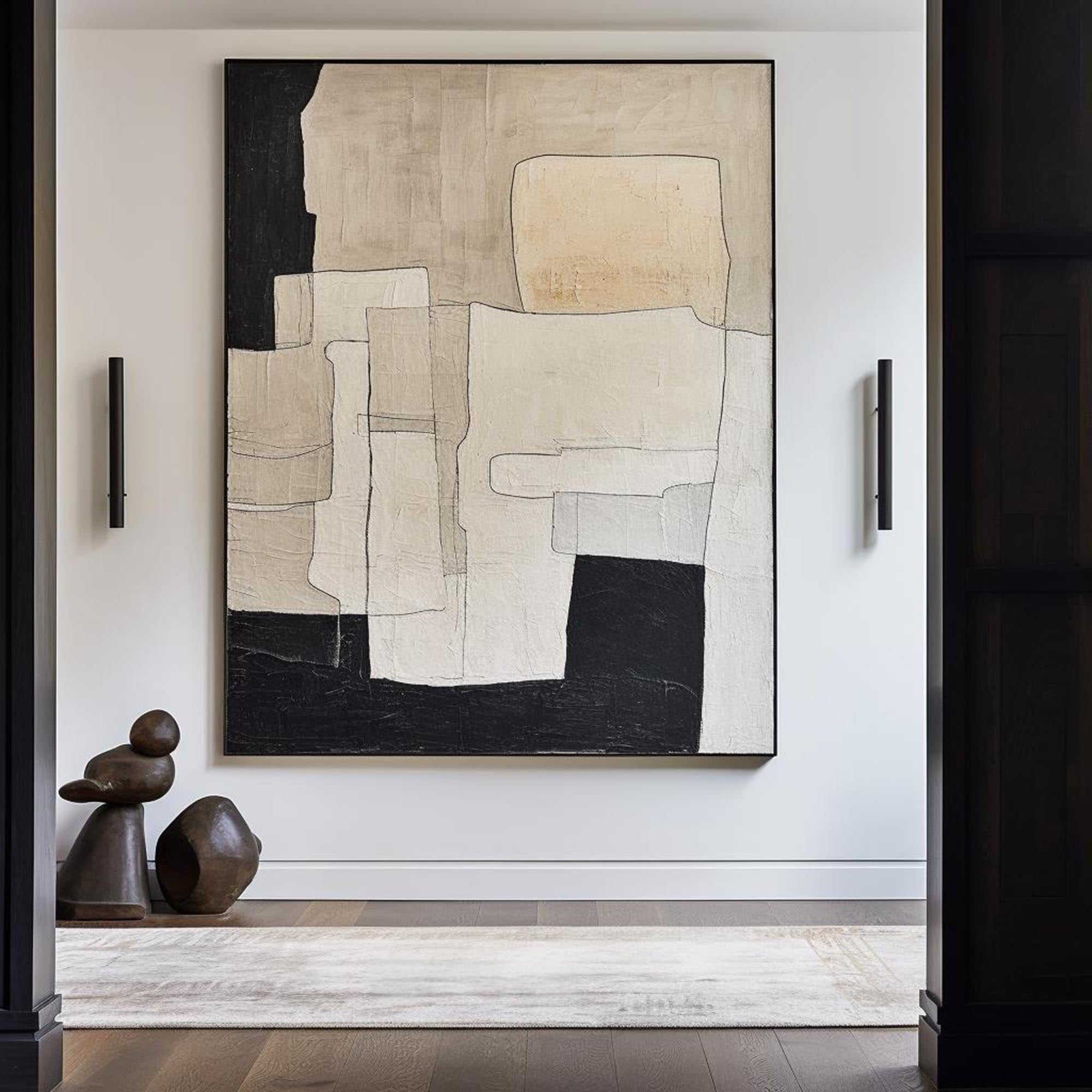 Neutral Black Beige Geometric Abstract Layered Wall Art