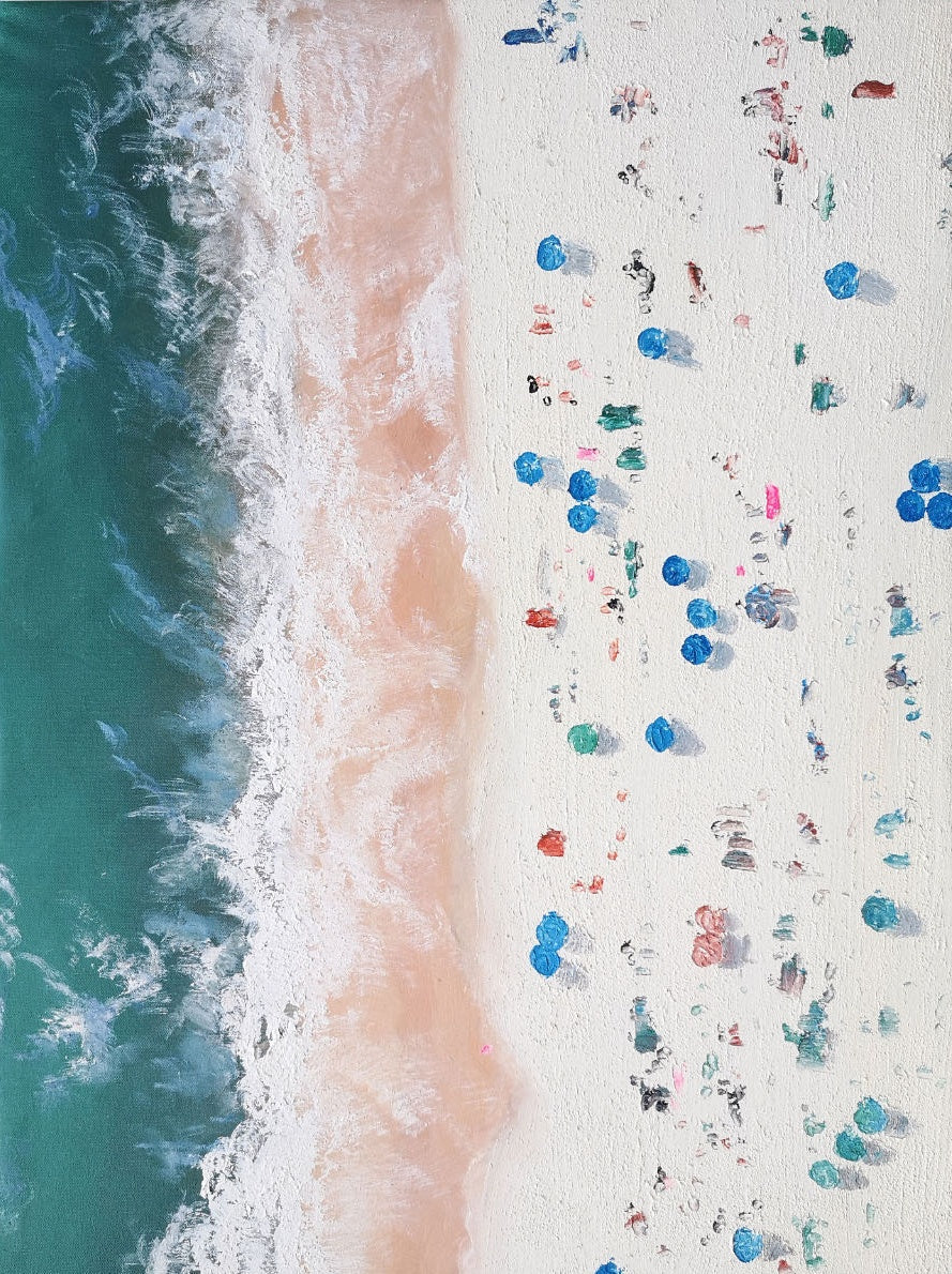 Vertical Aerial Beach Crowd Impasto Painting