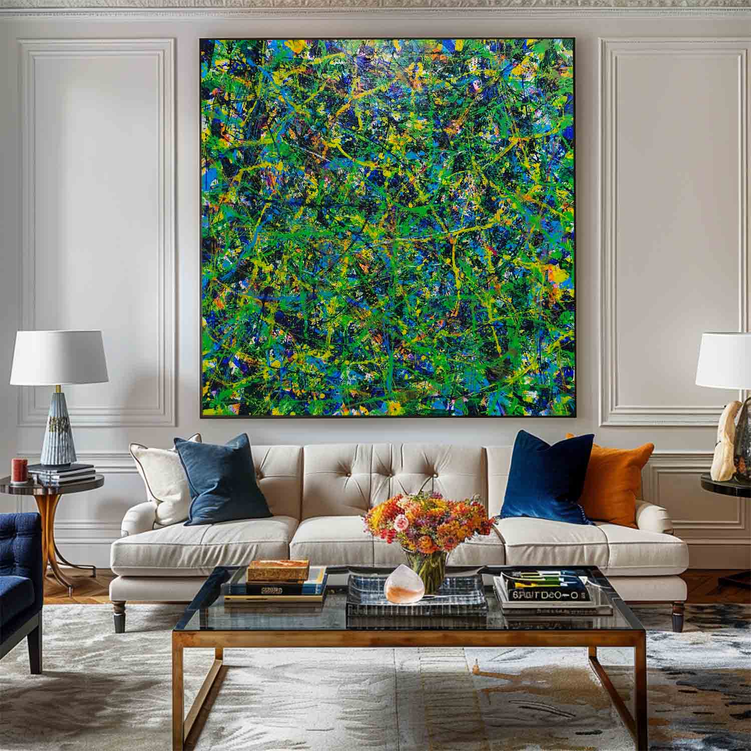 Green Chaos Paint Splatter Abstract Canvas Art