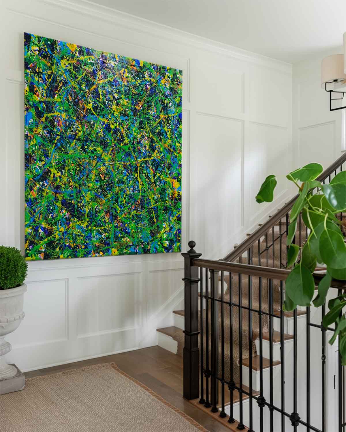 Green Chaos Paint Splatter Abstract Canvas Art