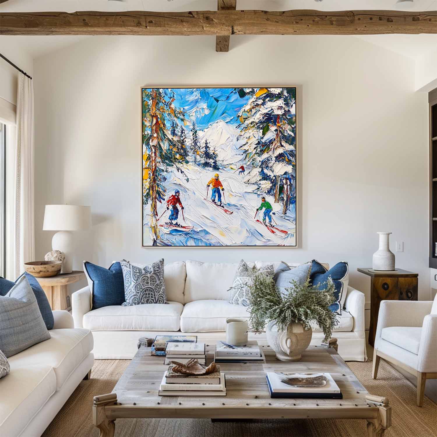 Vibrant Winter Ski Mountain Scene Bold Color Thick Impasto Textured Artwork