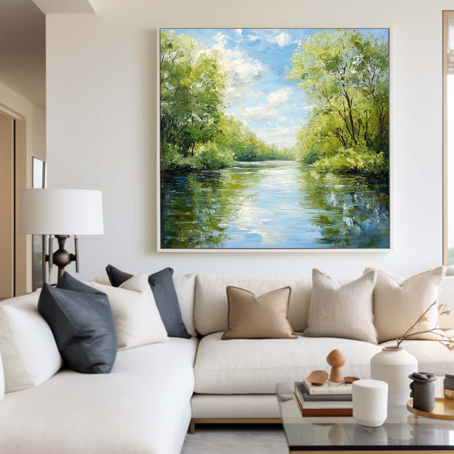 Lush Forest Lake Scenery Mirror‑Water Vivid Layered Impasto Textured Artwork