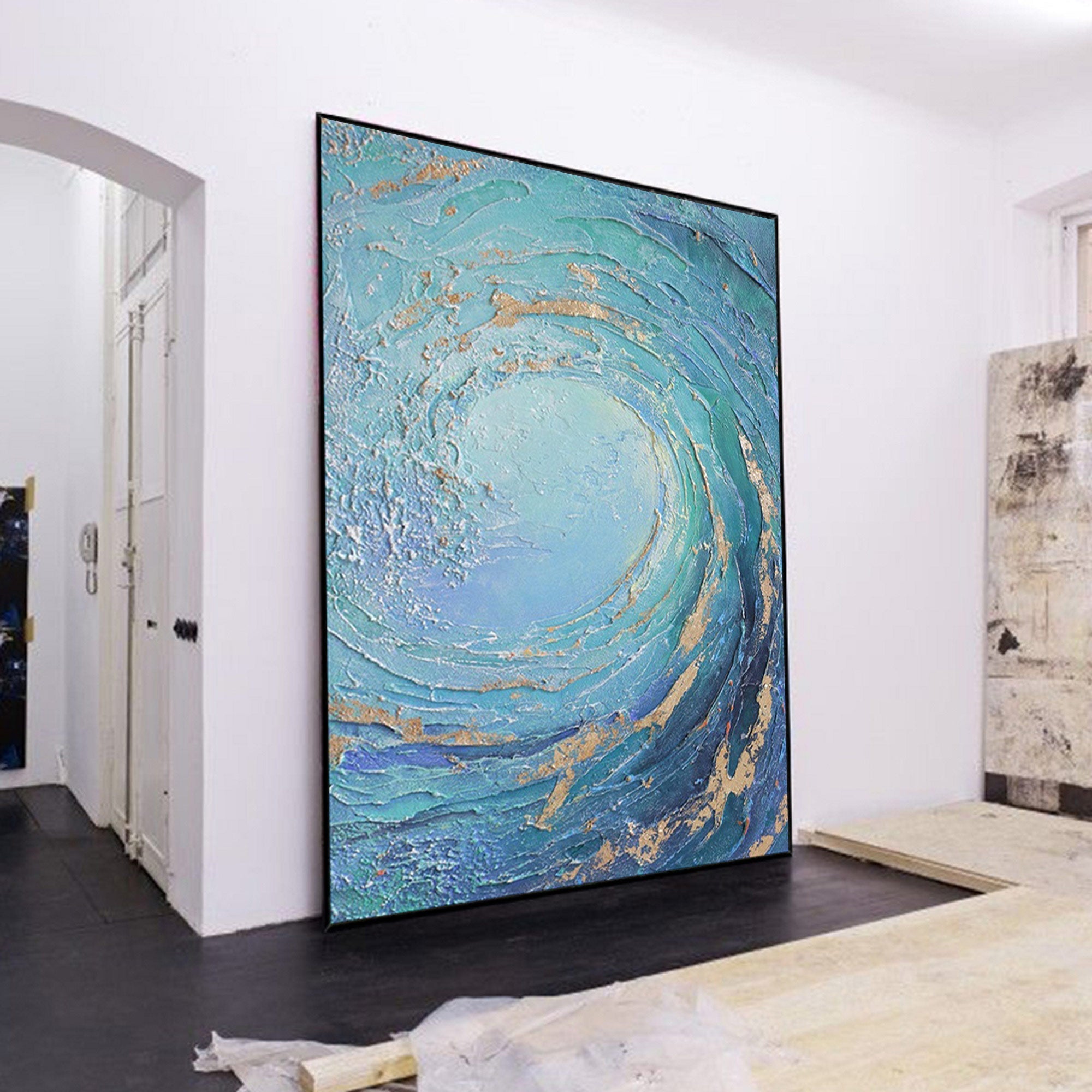 Ocean Wave Blue Gold Abstract Canvas Wall Art