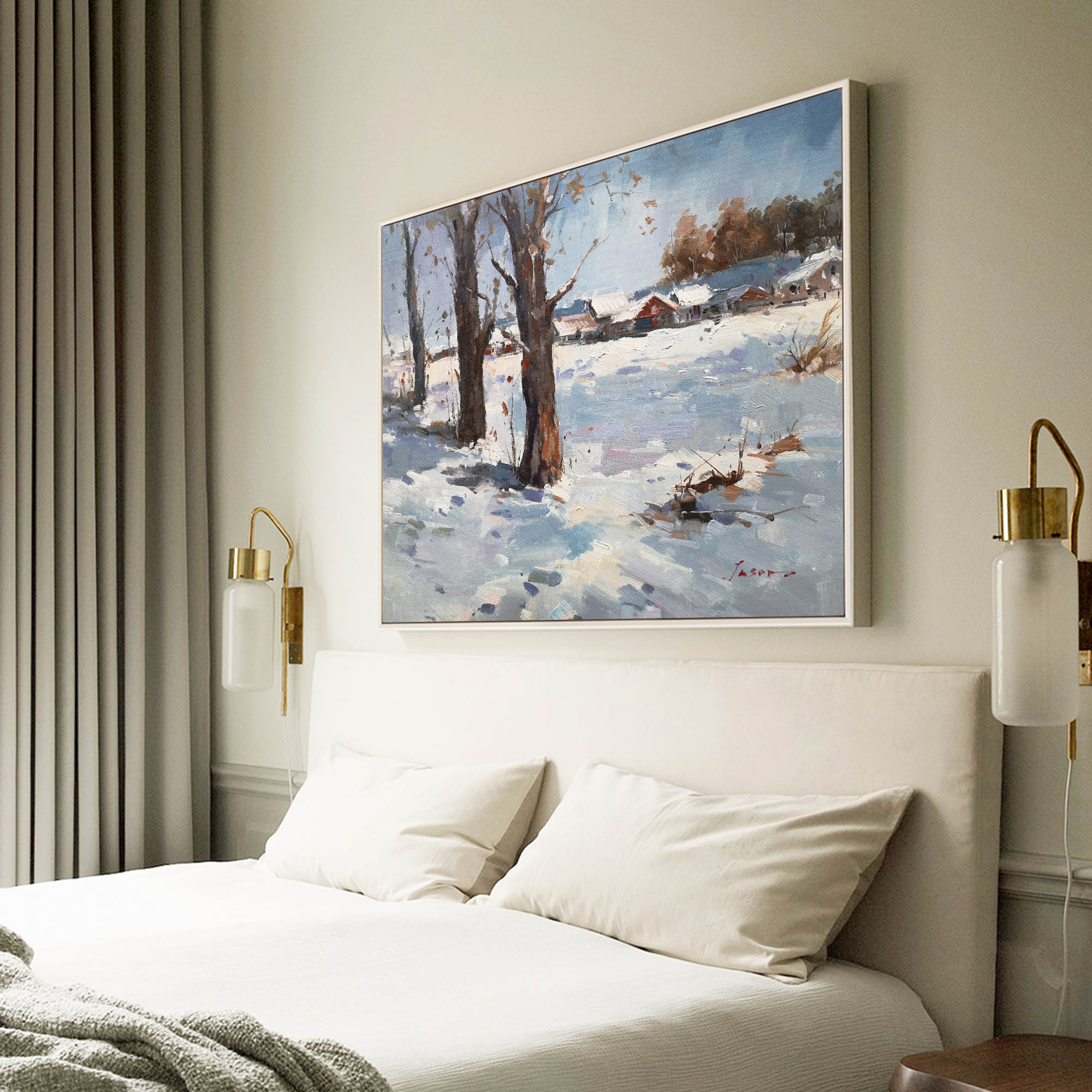 Rustic Snowy Village Winter Landscape Canvas Wall Art