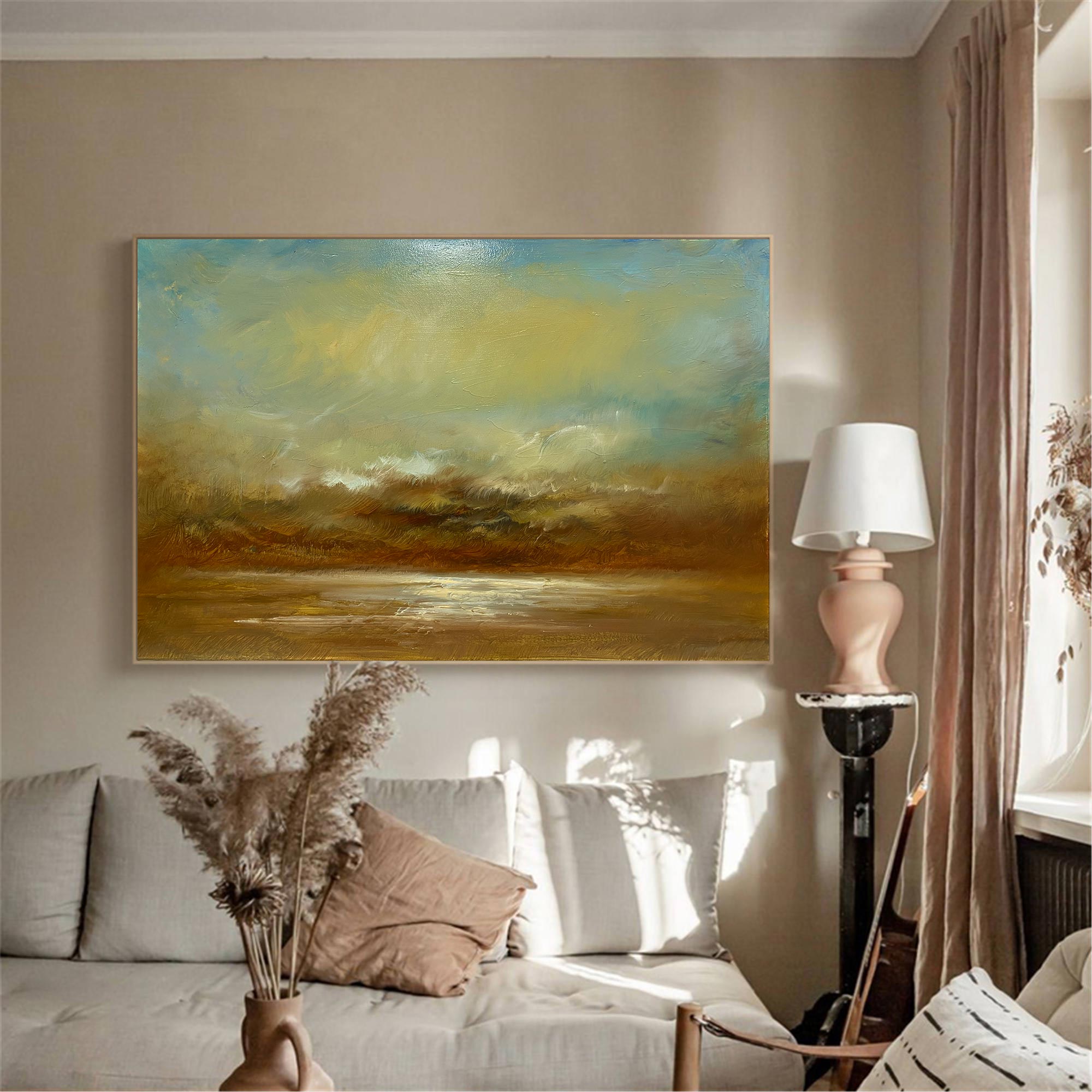 Abstract Teal Gold Coastal Sunset Landscape Oil Acrylic Linen Canvas Painting