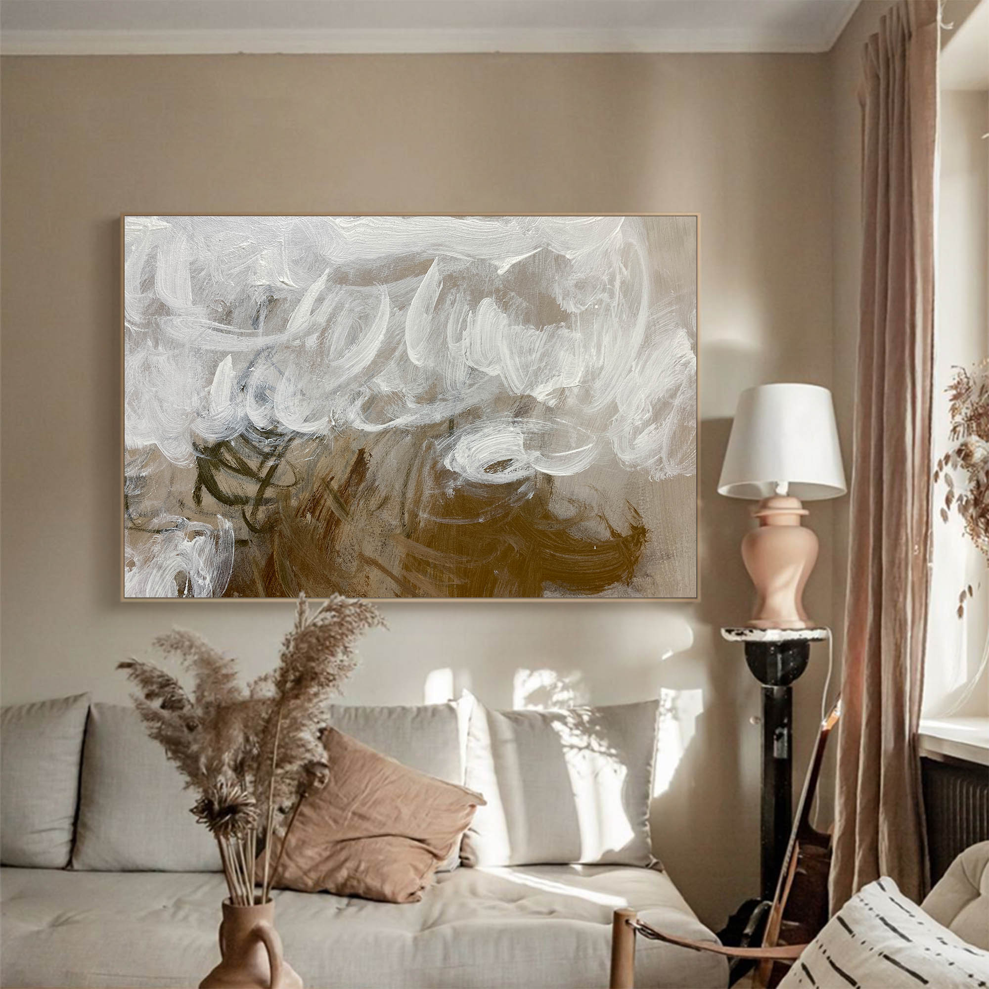 Thick Impasto Neutral Gold‑Tone Abstract Unstretched Linen Canvas Wall Art