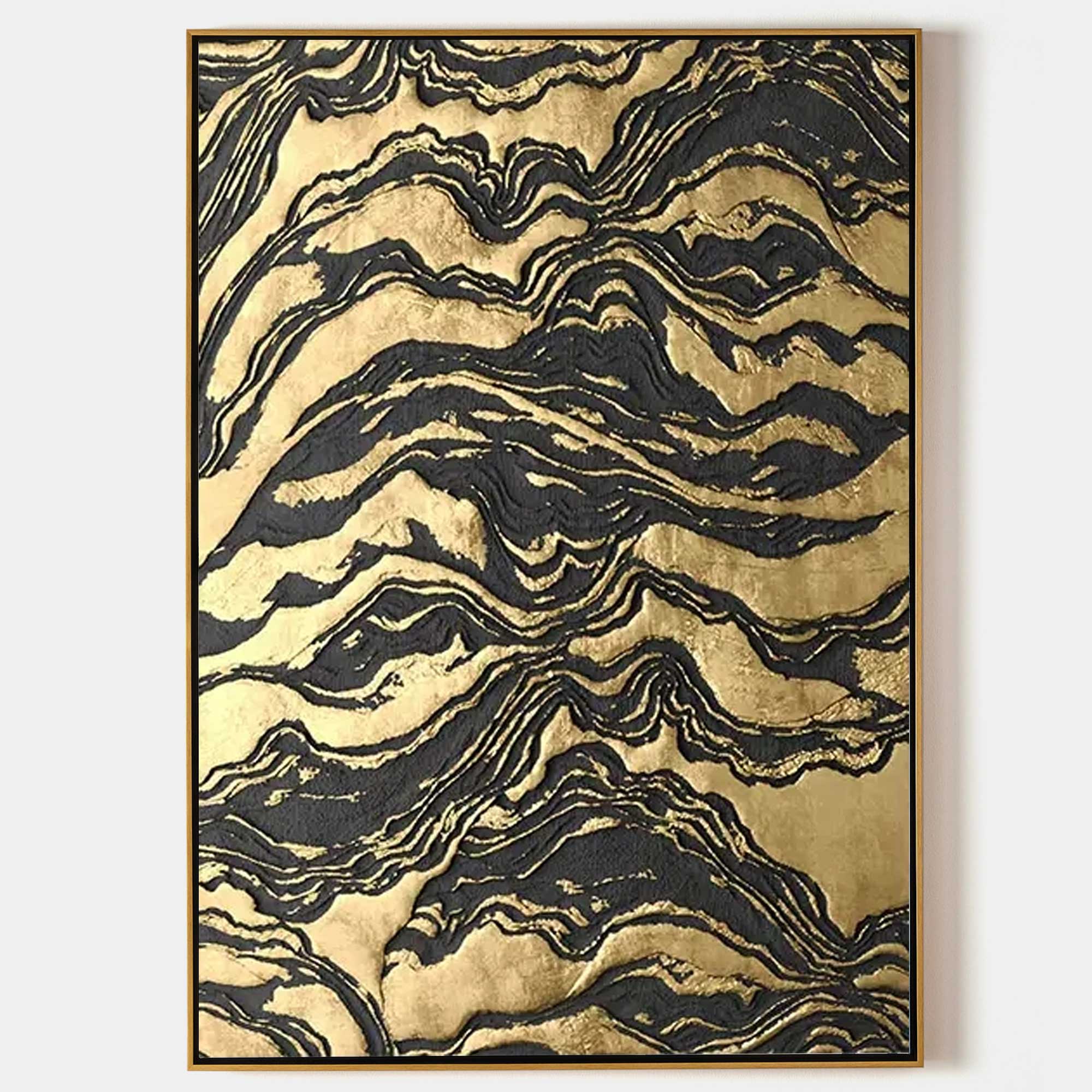 Wall Art Textured Gold Black Abstract Wavy