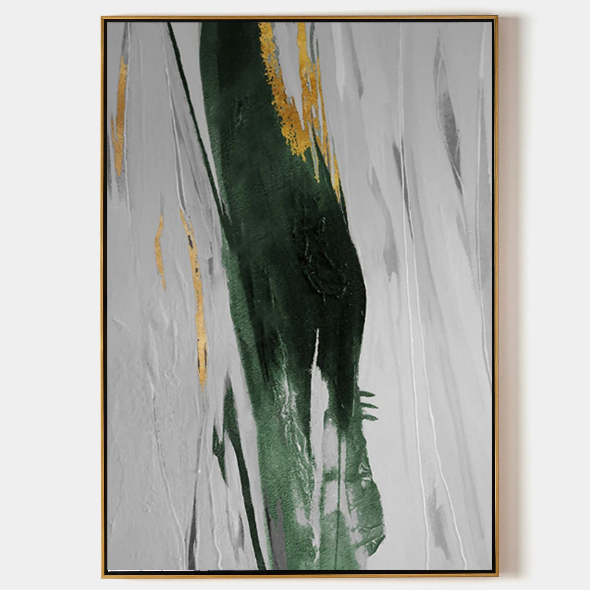 Grey‑Emerald‑Gold Vertical Streaked‑Brush Impasto‑Textured Artwork
