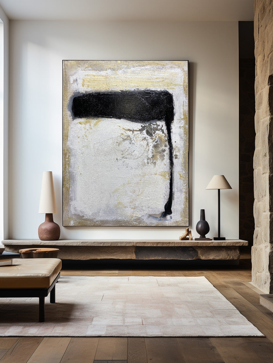 Abstract Black White Beige Textured Brush Stroke Painting