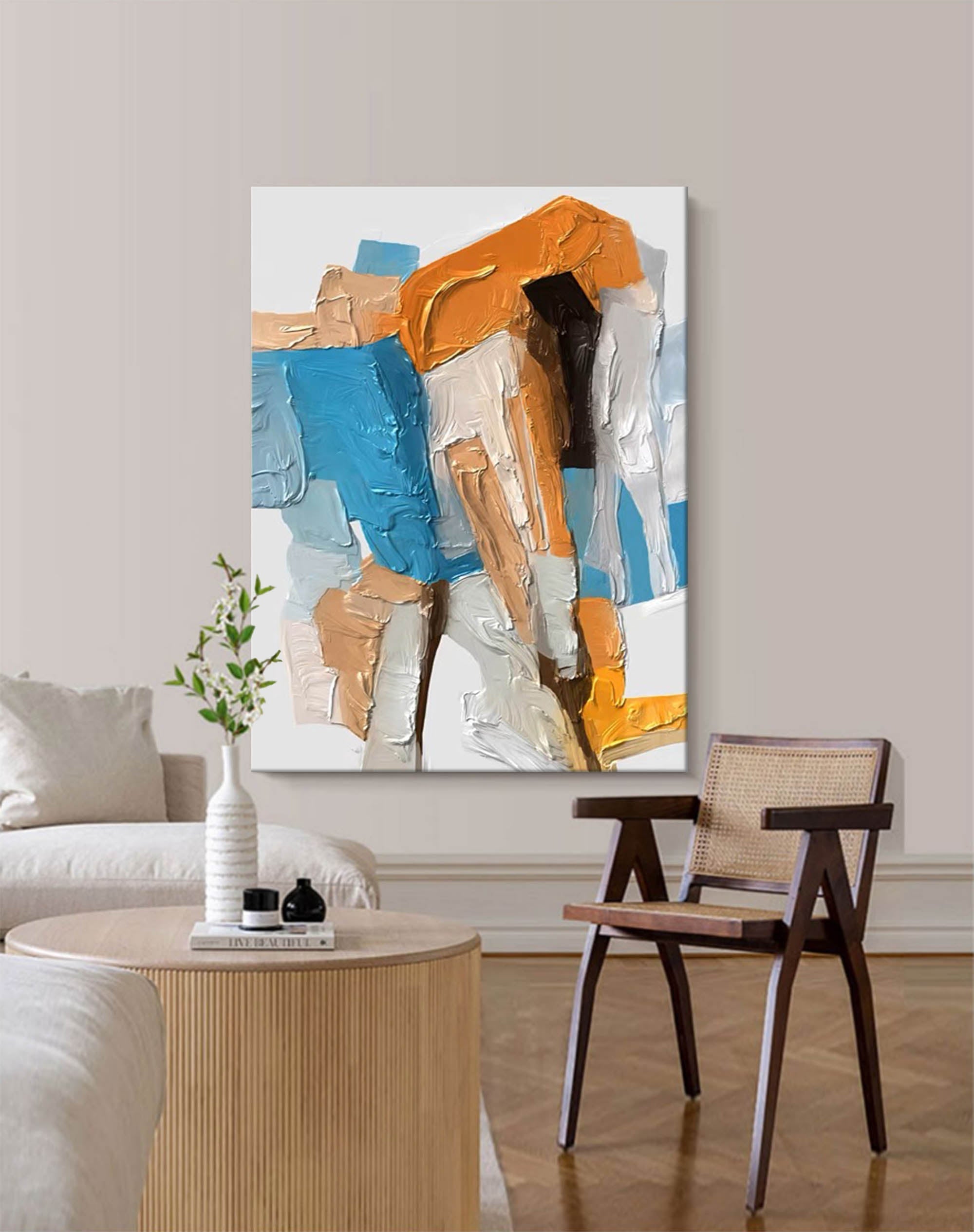 Bold Geometric Abstract Canvas Wall Art in Teal and Ochre