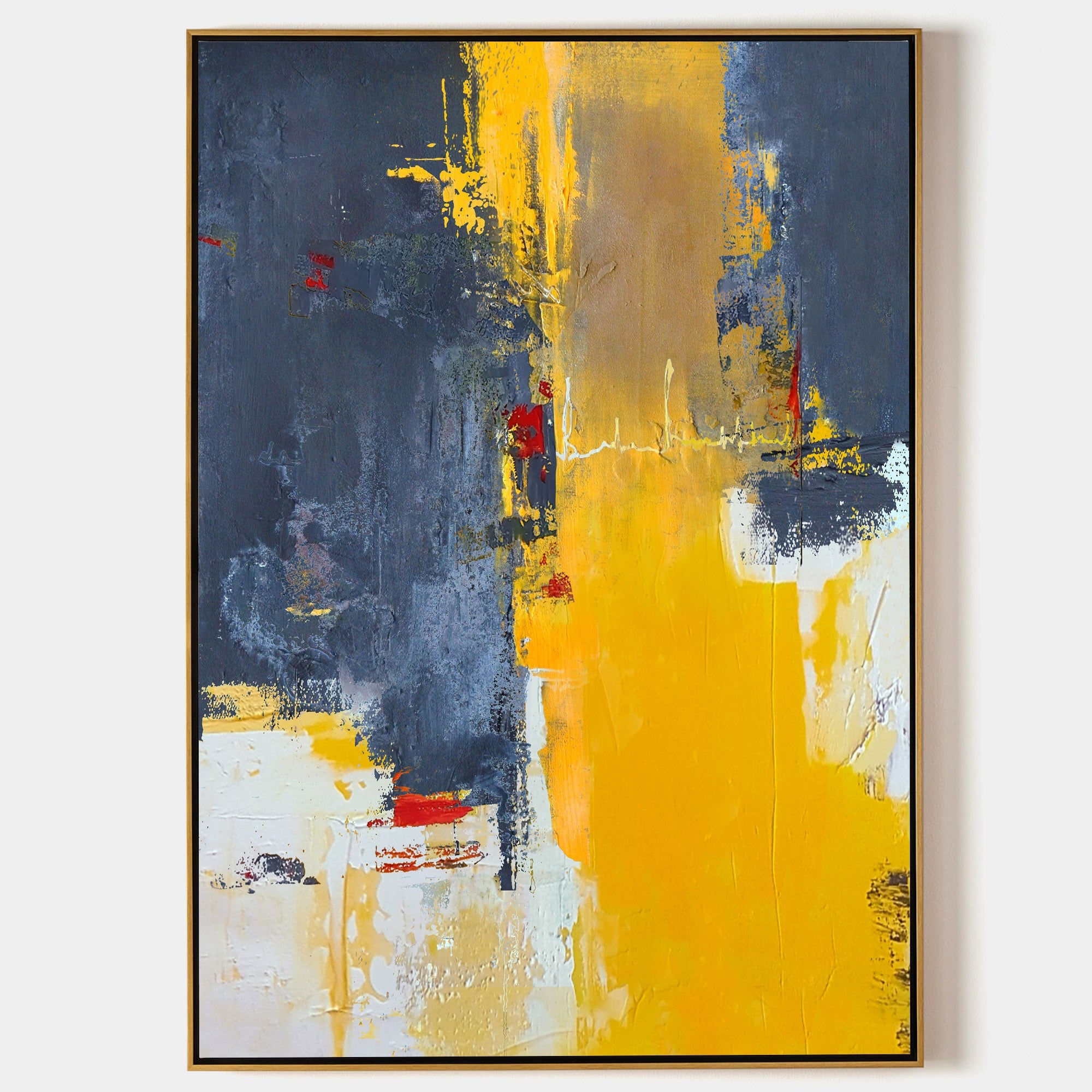 Bold Yellow‑Grey Abstract Vertical Canvas Art