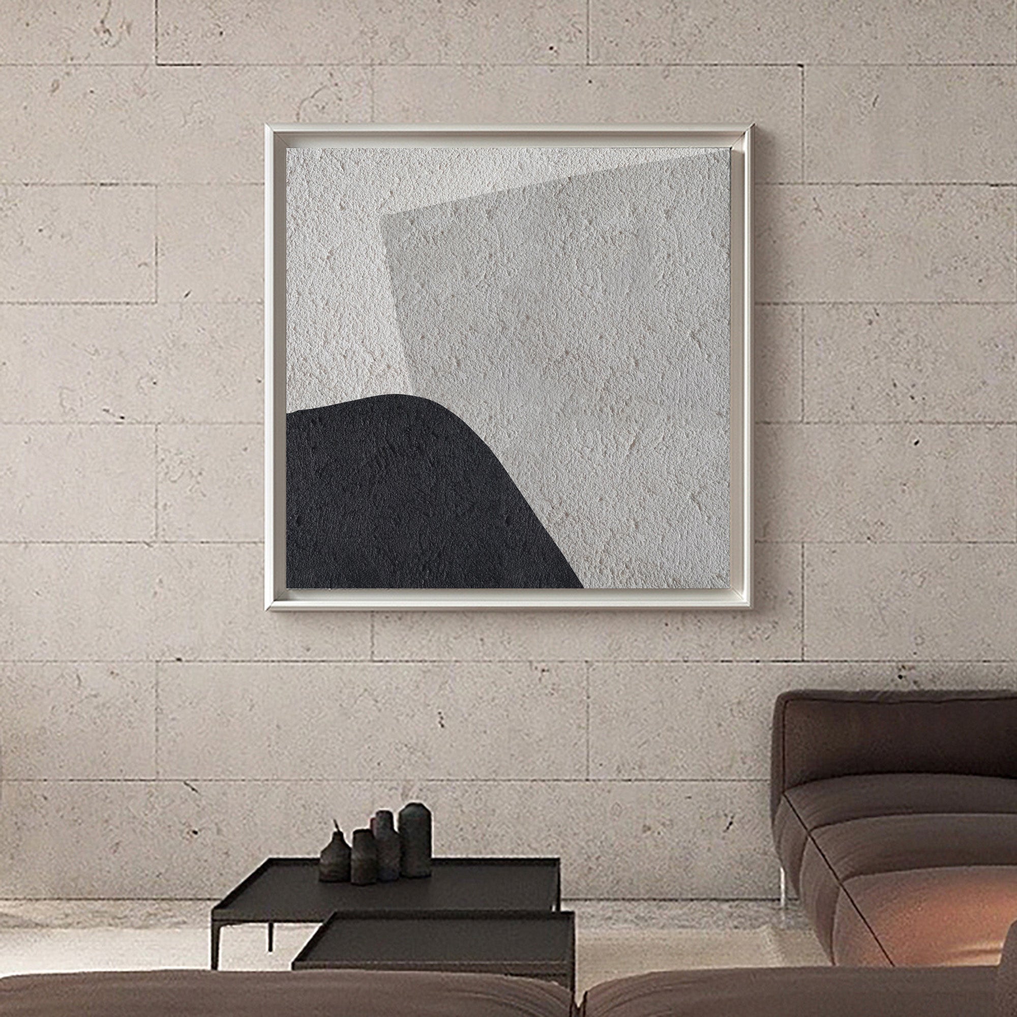 Grey‑Black‑Beige Square Abstract Curved‑Shape Coarse‑Textured Artwork