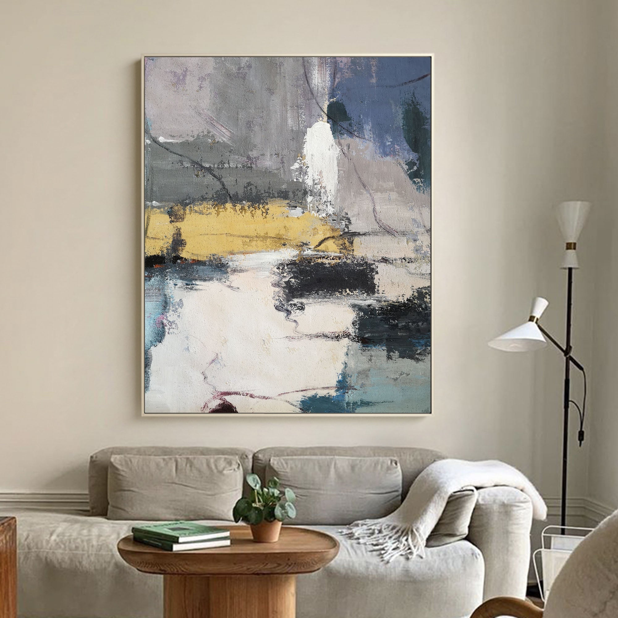 Grey‑Gold Cream‑Tone Vertical Block‑Layer Impasto Textured Artwork