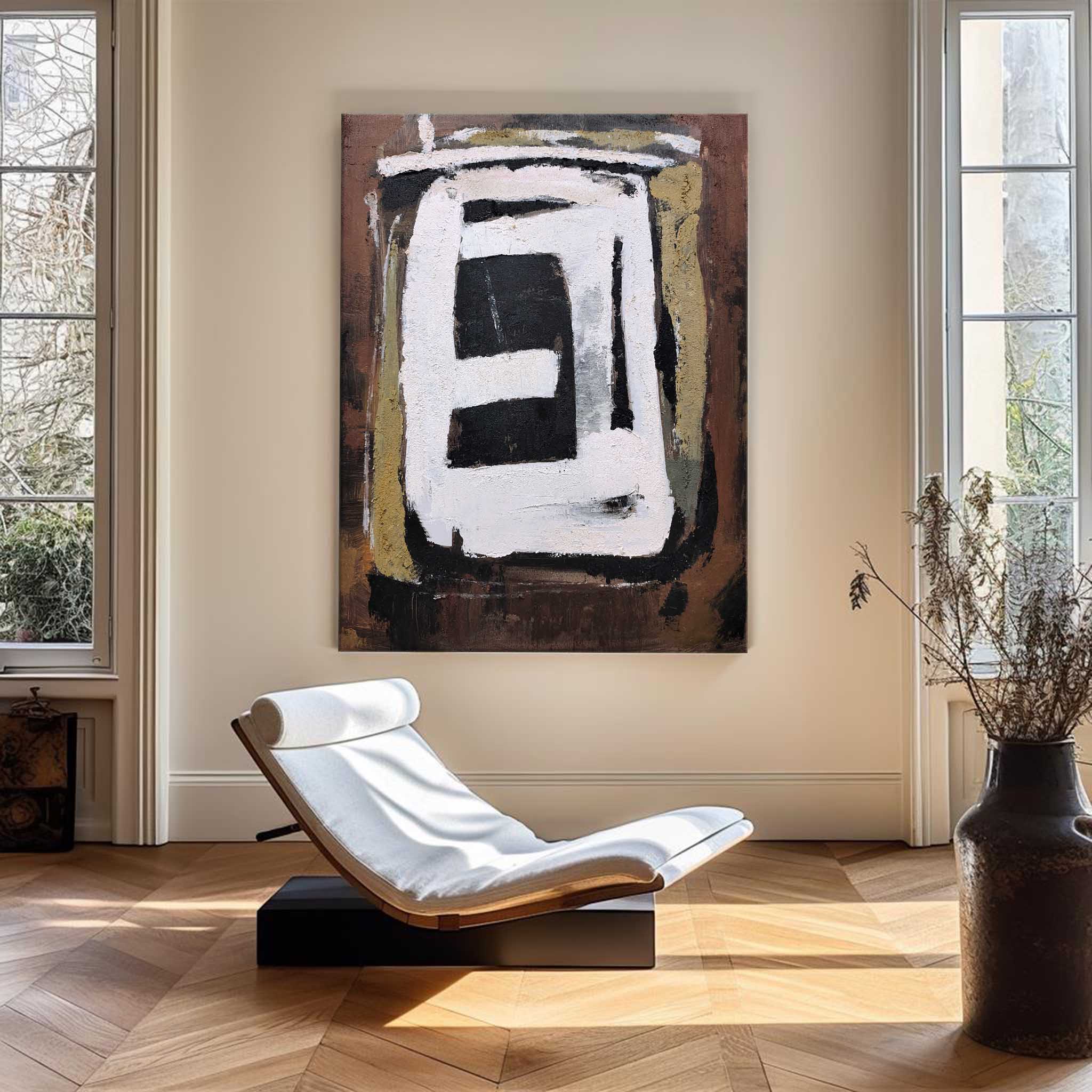 Abstract Black White Beige Geometric Oil Painting