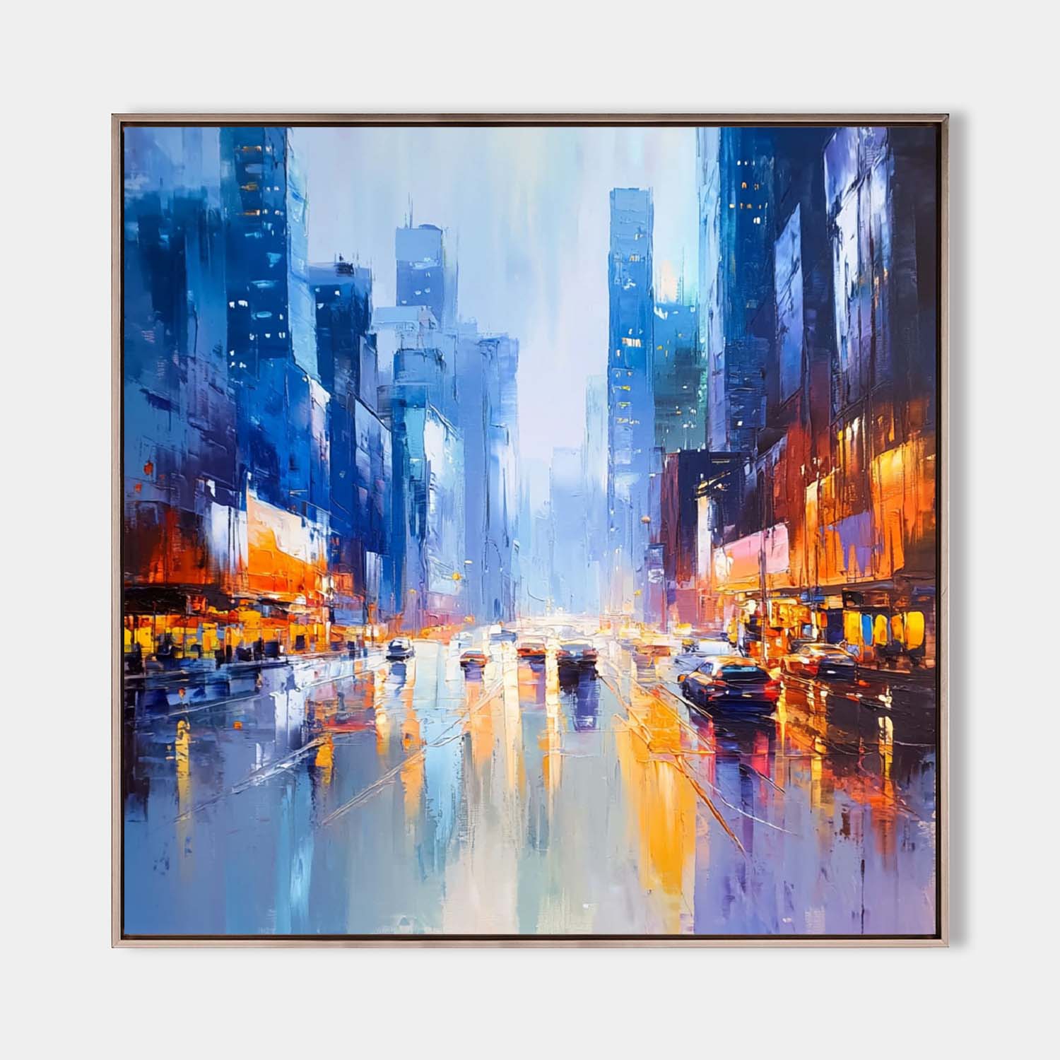 City Night Rain Reflection Oil Painting