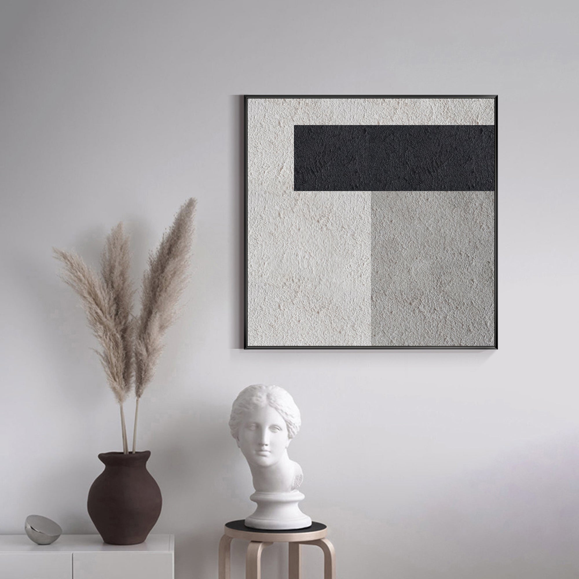 Black‑Off‑White‑Grey Square Block‑Shaped Contrast Coarse‑Textured Artwork