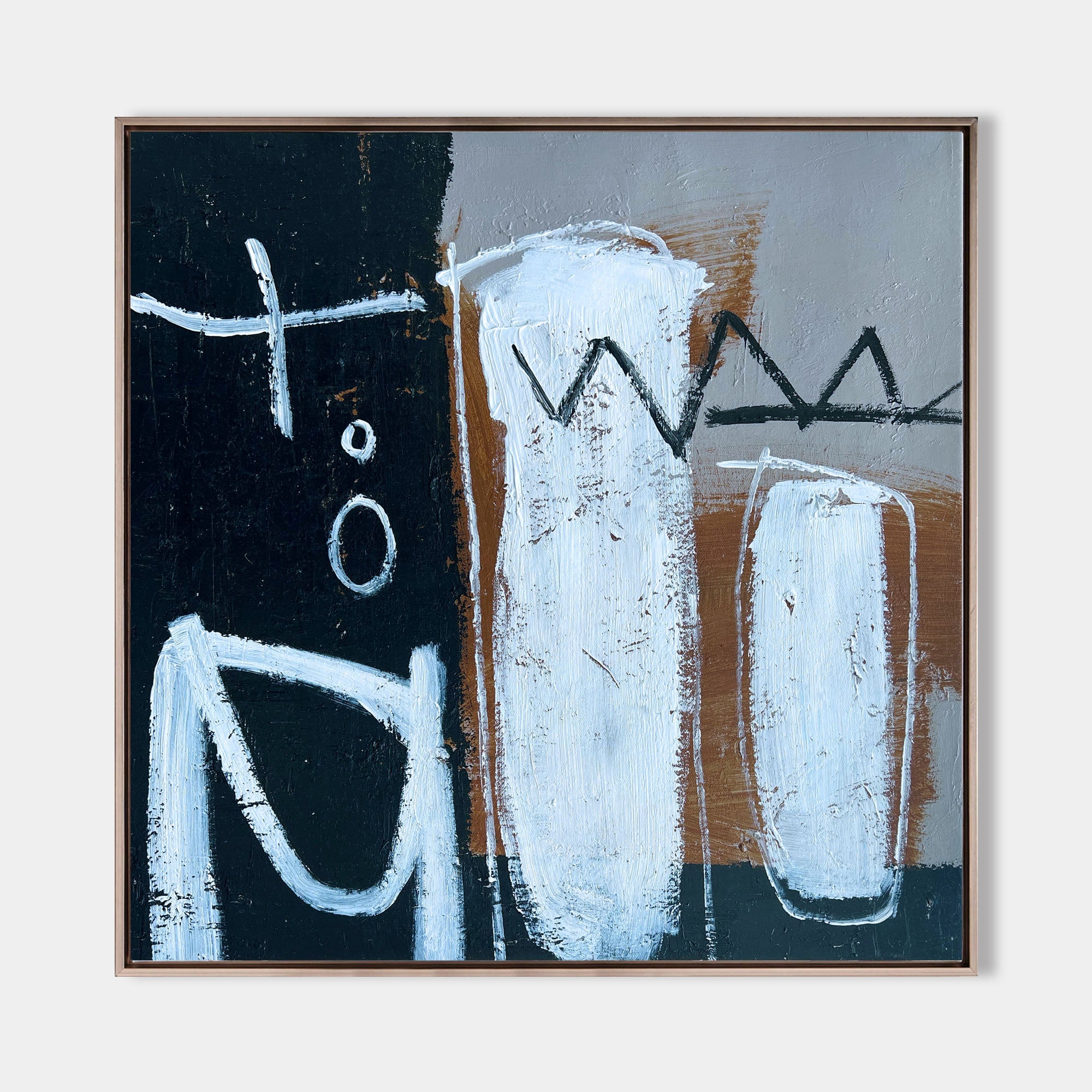Black‑White‑Rust Square Primitive‑Mark Impasto‑Textured Artwork