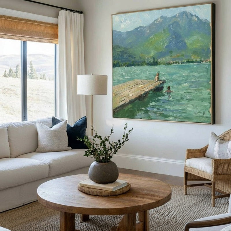 Wall Art Lake Dock Mountain Impressionist Textured Living Room | Neutralighting