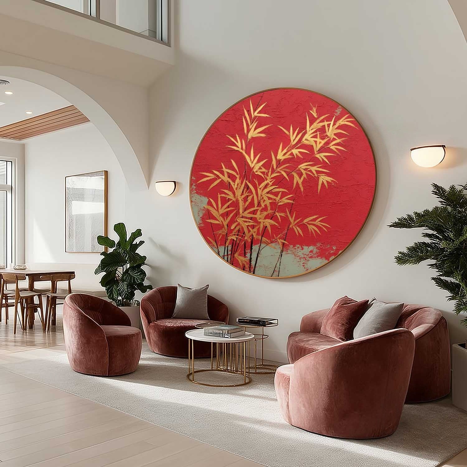 Wall Art Round Golden Bamboo Red