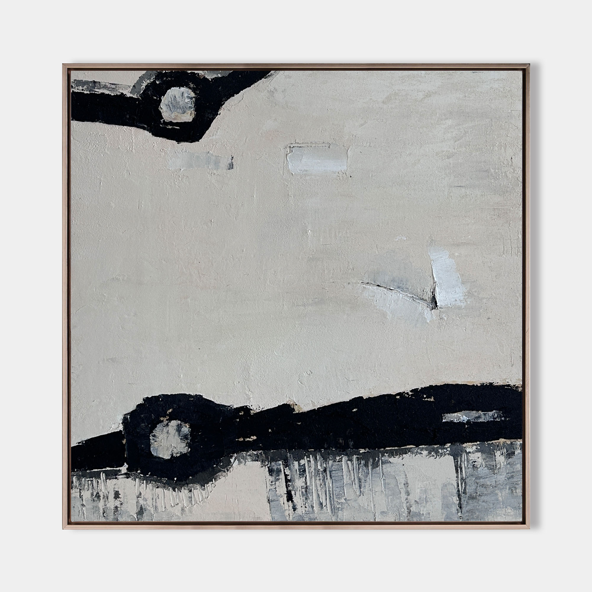 Beige‑Black Square Minimal‑Mark Impasto‑Textured Artwork