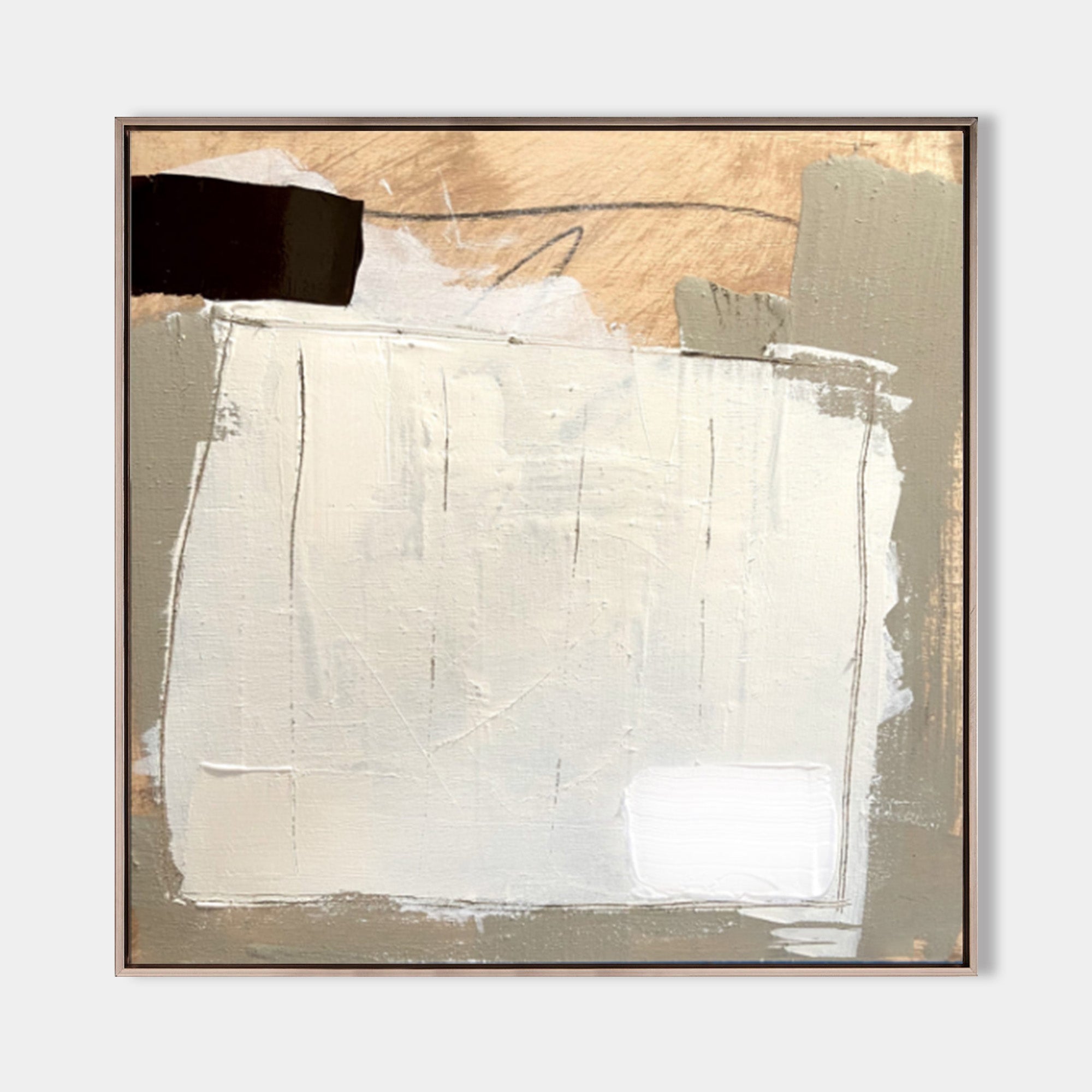 White‑Gold‑Grey Square Layer‑Collage Impasto‑Textured Artwork