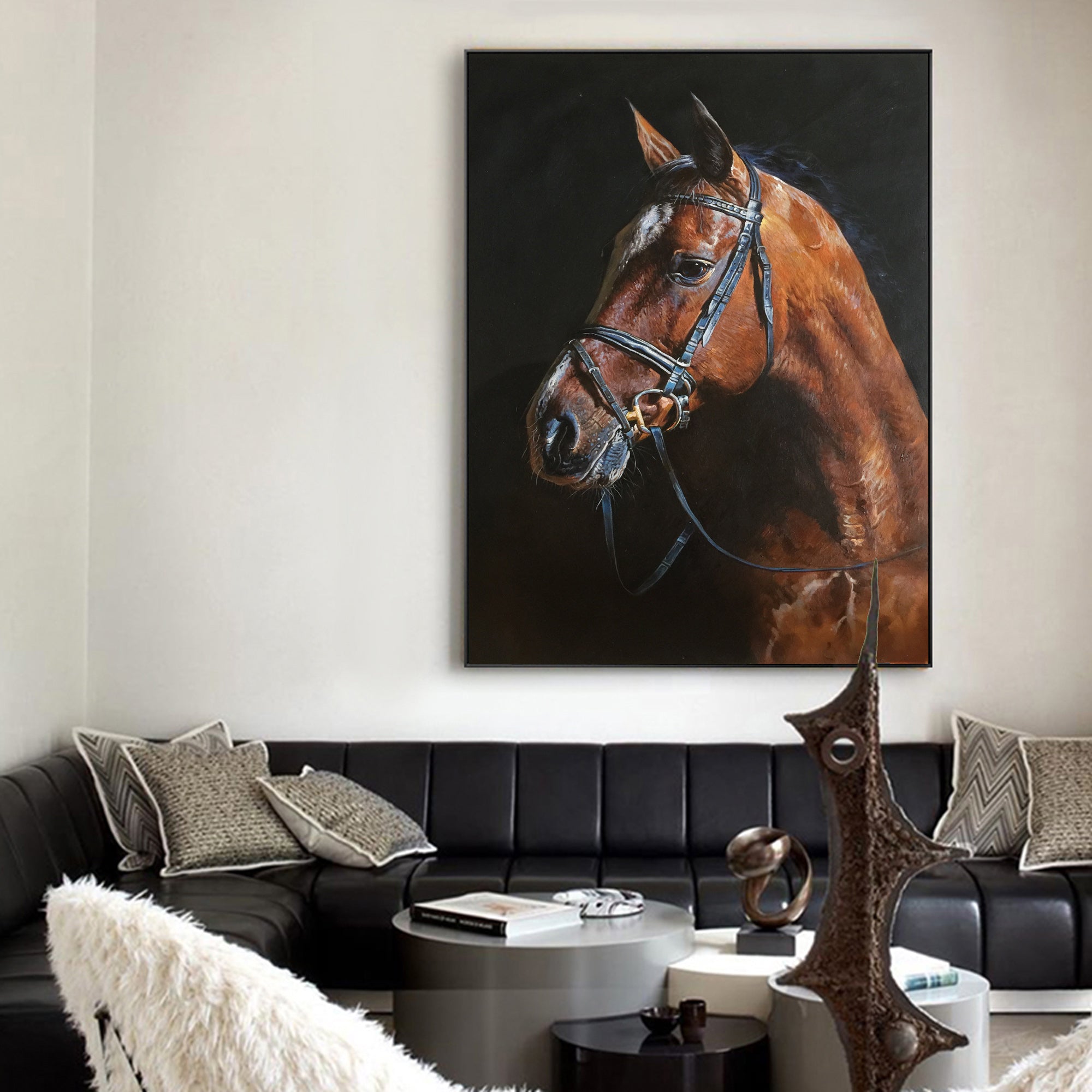 Chestnut‑Horse Vertical Dark‑Backdrop Realistic Equestrian Artwork